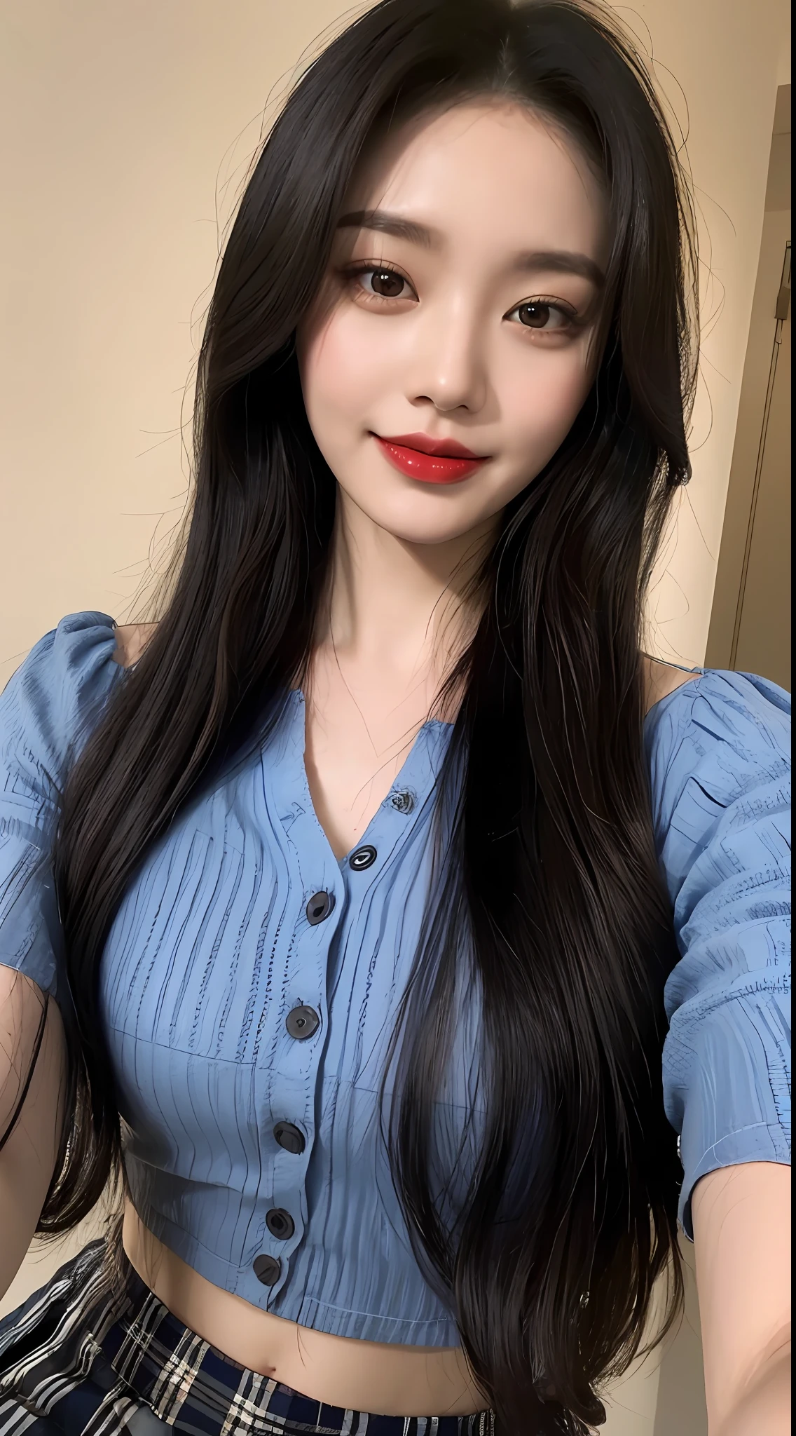high detal，8K分辨率，超高分辨率，Best image quality，a beauty girl，lipsticks，Love pupils，Peerless beauty，Messy black straight hair，shoulder-length short hair，（Coiled hair）Smooth hair，Intense and beautiful makeup，Exquisite and perfect facial features，the most beautiful big eyes，Be red in the face，Sweet smile，（Wearing a blue lace shirt with buttons，tiese ，Plaid pleated skirt）Open navel，Thin waist，（Full breasts）Get close to the viewer，dynamic angle，Extreme picture quality，Highest accuracy