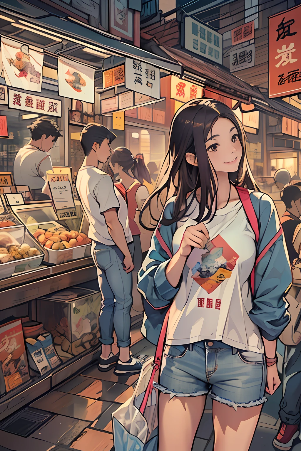 A young woman named Yang Feiyue standing on a busy street, Contemporary Rough T-Shirt and Jeans、Holding a flyer in your hand, Surrounded by stalls, There was anticipation and a slight smile on her face., ,In the style of the star art group Xing, 32K, Best Quality, masutepiece, Super Detail, high details
