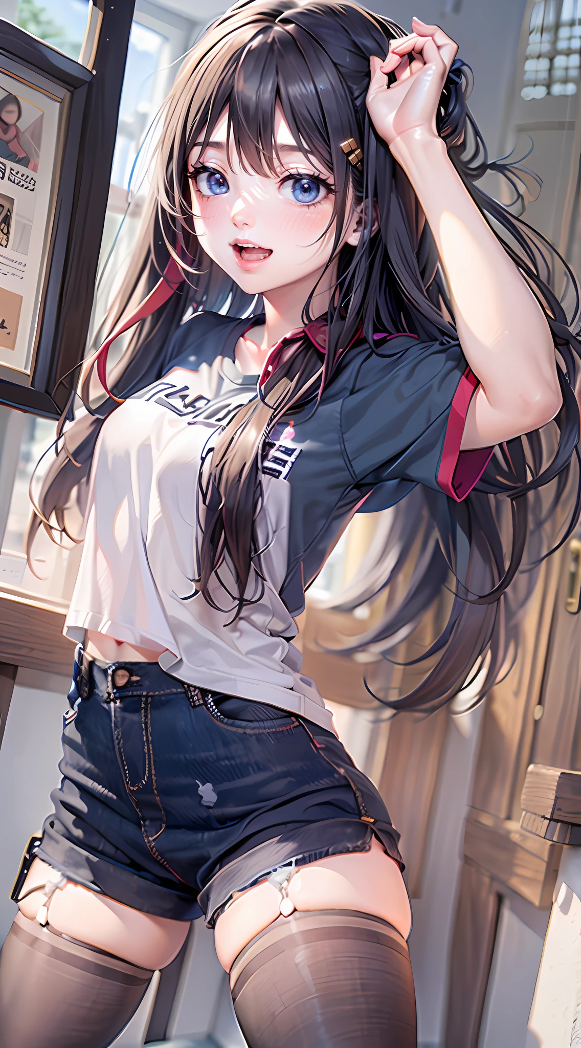 incantation(Prompt): tmasterpiece， Best quality at best， absurderes， Perfect anatomy， 1girll， 独奏， Love Espada， long whitr hair， pony tails， ， baseball cap， graphic t shirt， denim short， Shorts pantyhose， Sat down， stairways， exteriors， 城市， ssmile， Dutch angle， wide - angle shot，Hands on your back，nabel