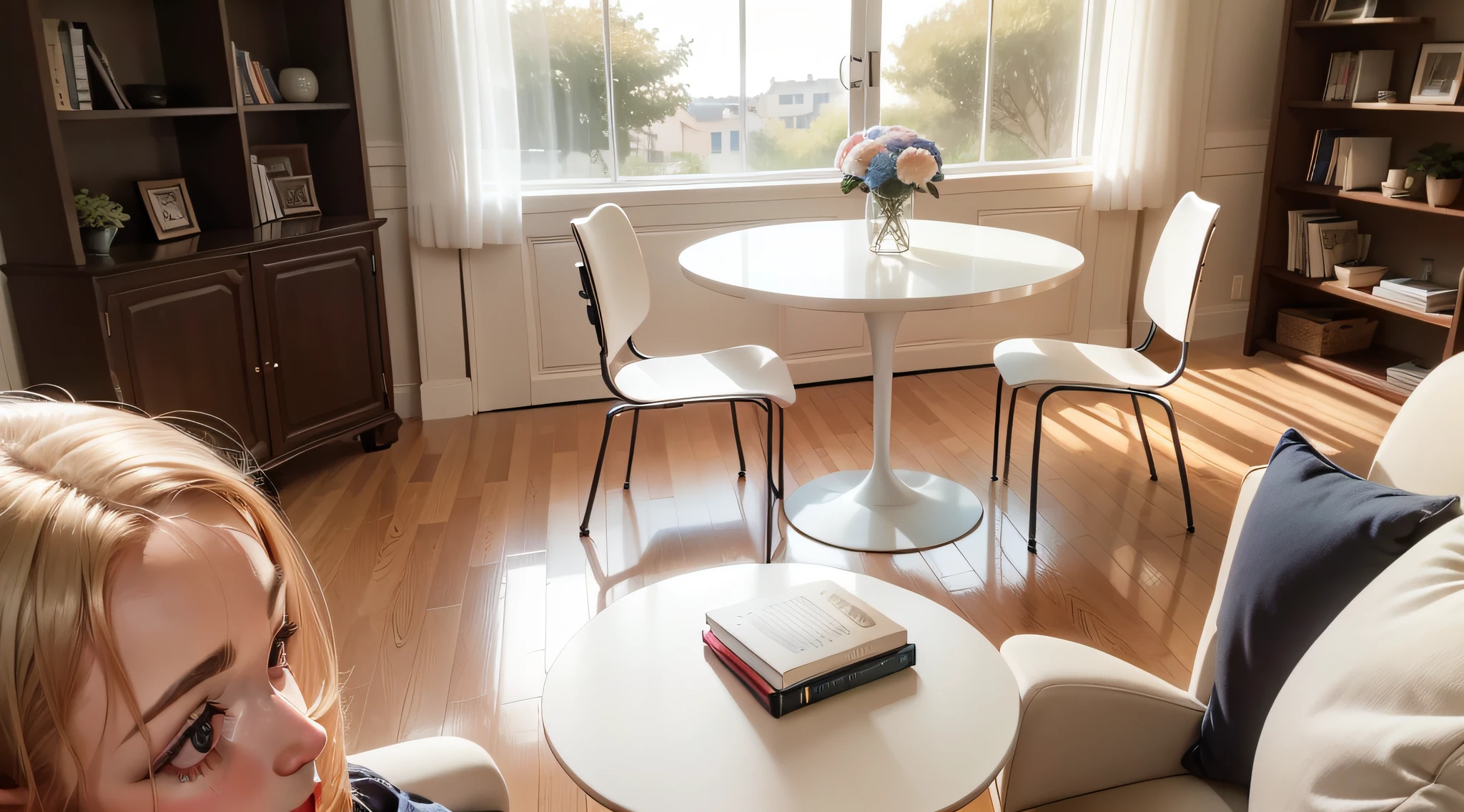 In a space,A small round table,White countertop,Place a bouquet of flowers on the table,A chair at the table,Lounge chair with backrest,Background with,bookshelves,Fill with books,From a straight front perspective,The background is spacious、