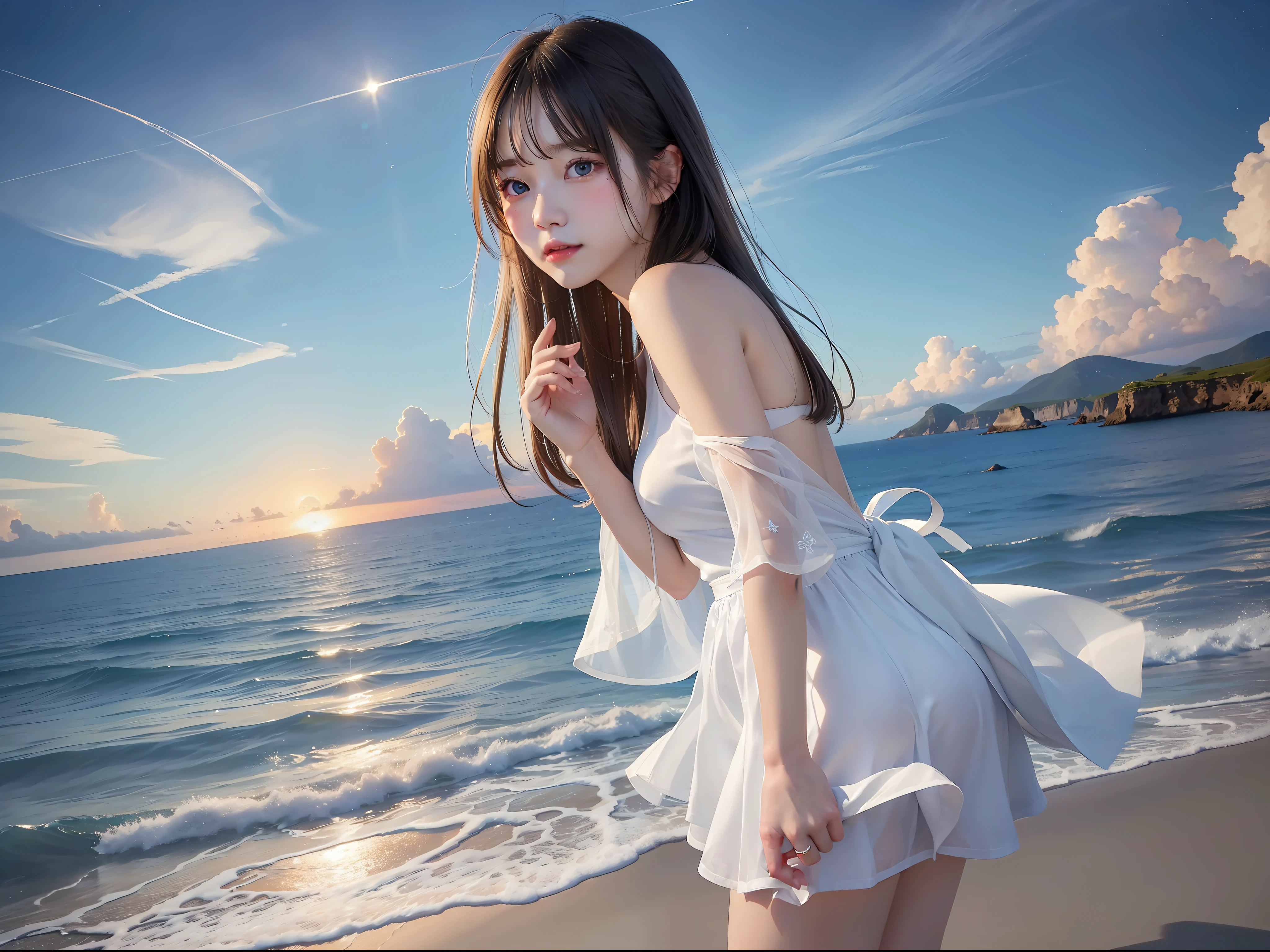 (Surreal)、(hight resolution)、(8K)、 (ighly detailed)、(Ultra clear skin pores)、(top-quality、masterpiece:1.3)、Beautiful girl in a white dress、1womanl、full body Esbian、Ultra mini skirt、Shoulders are sticking out、Green eyes、Smaller chest、Small butt、natta、starrysky、shooting stars、Stroll along the sandy beach、Blue Sea、Far Horizon、Distant islands々、Into the cloud、Mid summer、