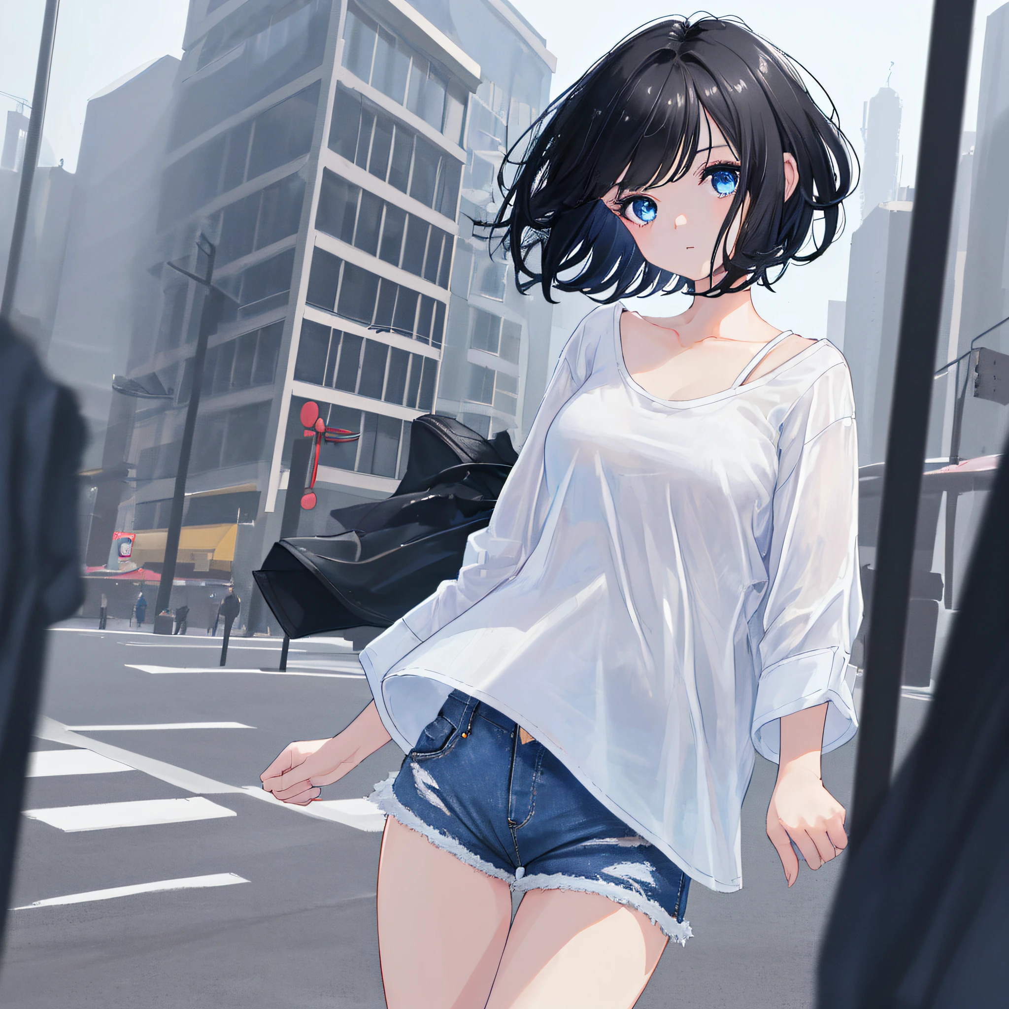 1girl, short black hair, blue eyes, wearing plain white shirt, denim shorts, city, absurdres, high res, ultrasharp, 8K, masterpiece, looking at viewer