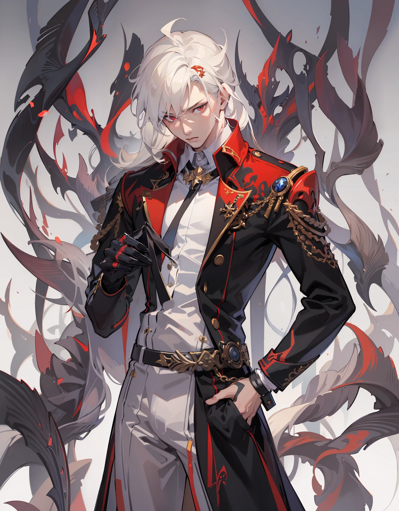 (((high detail))), best quality, 1 man, young man, black fantasy outfit, playboy, elegant, blond hair, red eyes, pale skin, plain white background, waist up shot, arms down, goofy expression, detailed face, negative spaces on the side
