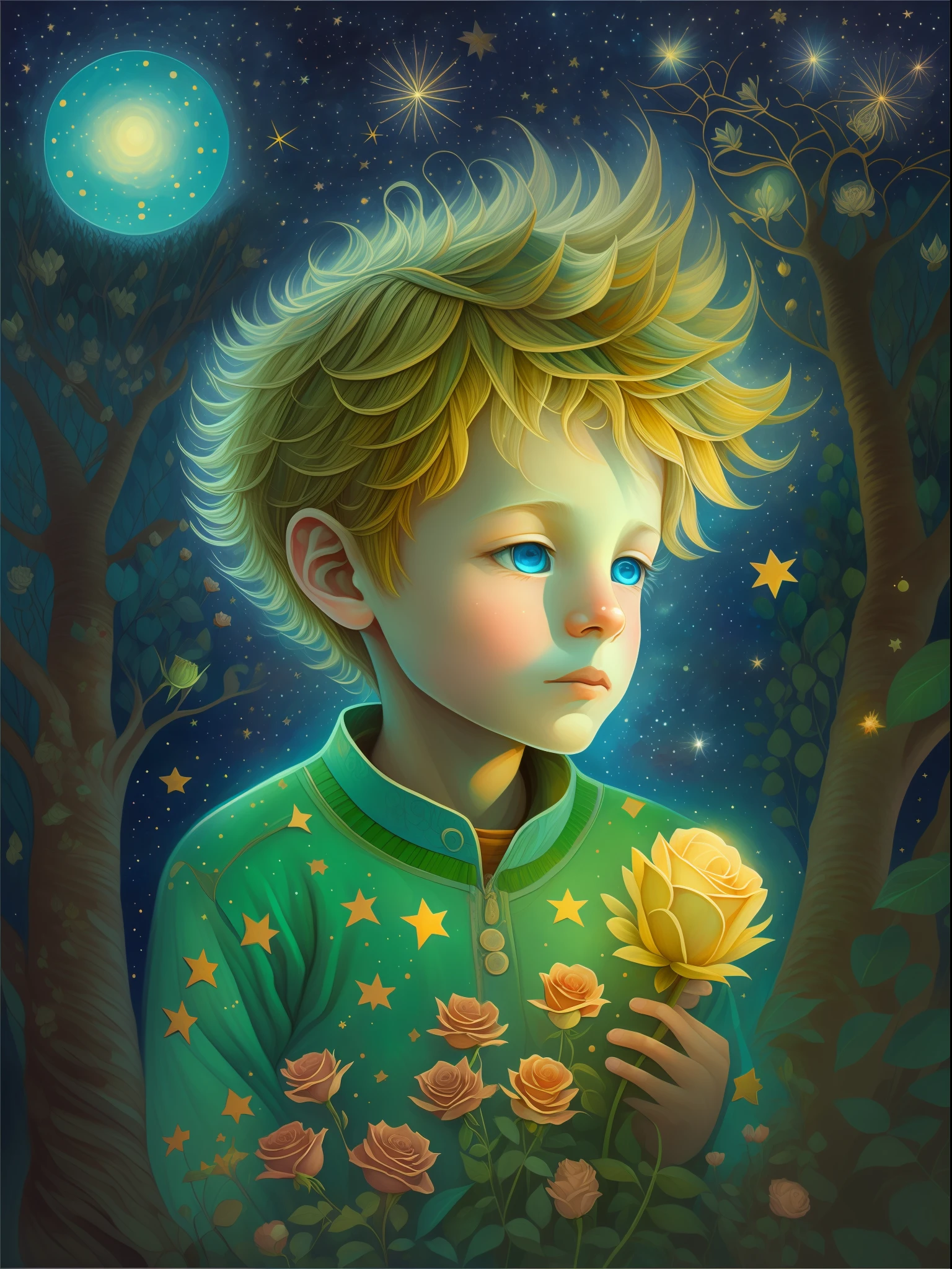 half portrait, Best Quality, Masterpiece, extra high resolution, (foto realista: 2.5), surrealism, dream-like, ((The image of the Little Prince)),  hair light, light blue eyes, Starry sky, Next to him sits 1lis, night time, Stars, galaxy, There is also a rose and a planet, Sprouted baobabs , ((The Little Prince)),  Fairytale painting, A bright light masterpiece, The Little Prince, breathtaking art, illustartion!, by Anna Haifisch, by Julia Pishtar, The landing of Antoine Exupéry, fantastic art, A fairytale work of art, inspiring art, Fantastic works of art