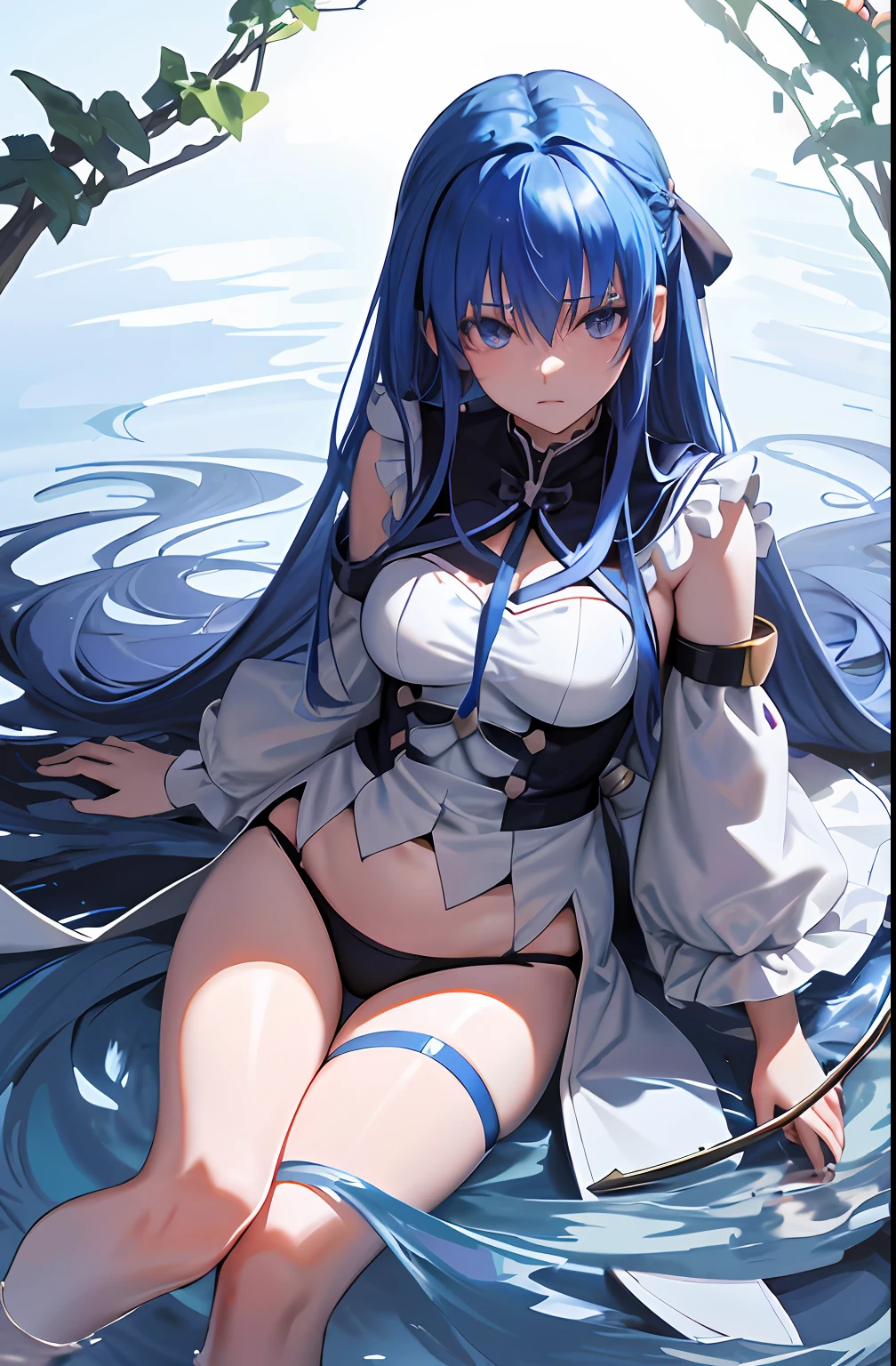 blue long hair,Anime girl holding a sword made of water in her hand, gapmoe yandere grimdark, anime style like fate/stay night, inspired by Jin Homura, demon anime girl, made with anime painter studio, Stylized anime, author:New Art, Anime Stylization, flat anime style shading, Plump and enchanting。