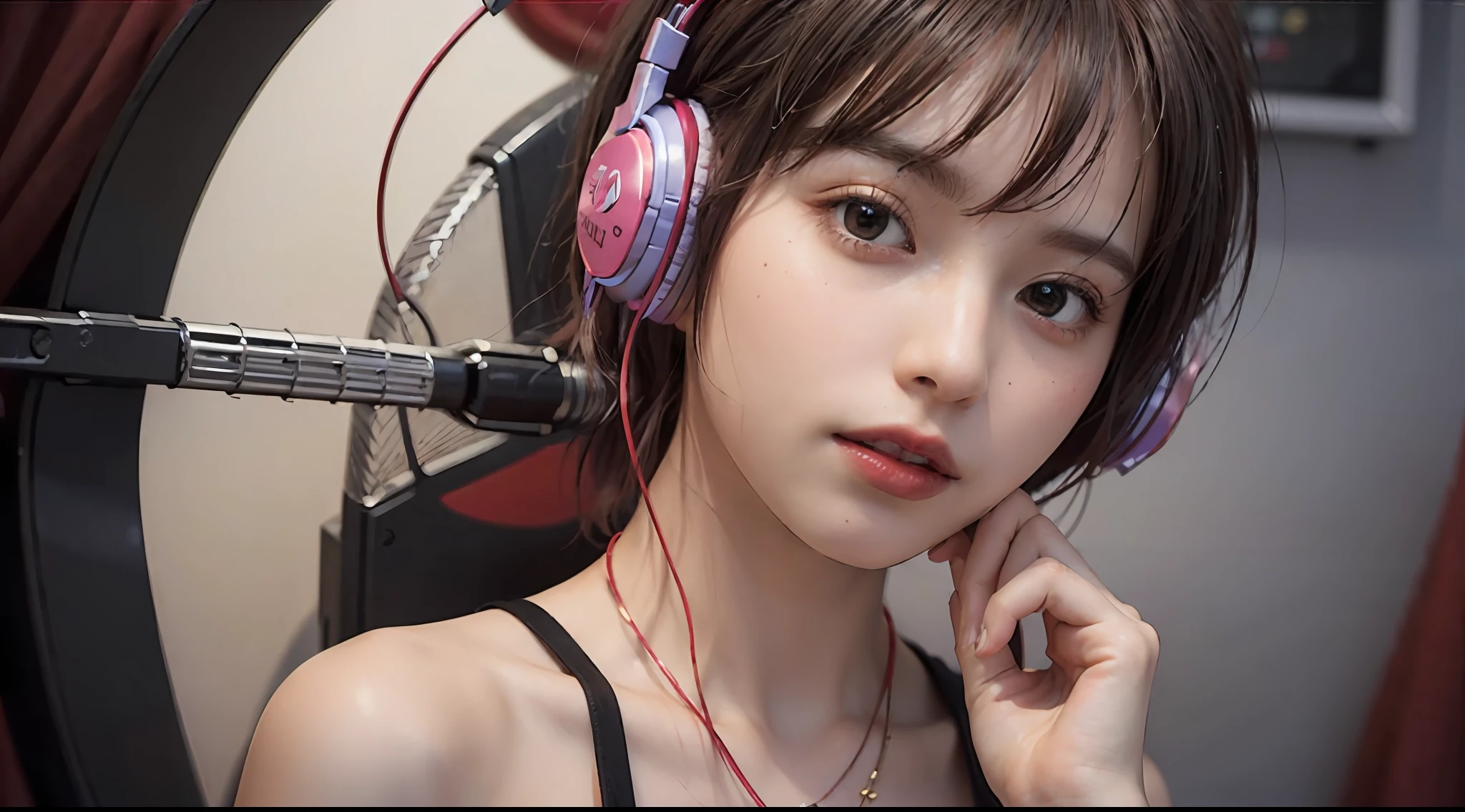 Best Quality, masutepiece, (Photorealistic:2), Ultra High Resolution, Highly detailed, A hyper-realistic, 1girl in, ((Red headphones)), (Longer dress), Floral pattern, colourfull_hair、(((very_Short_hair))), Short hair, Slim body, Full Shot, Looking at Viewer, ((Music Studio)),  Bright atmosphere, spot light, Detailed background