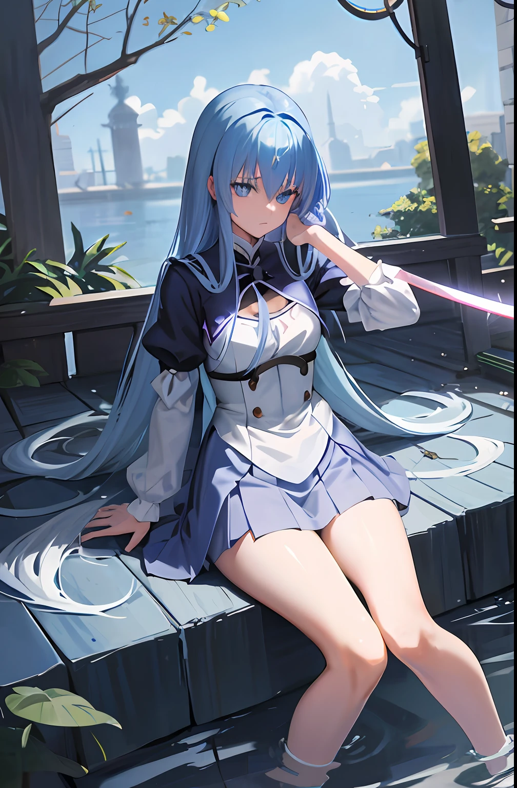 blue long hair,Anime girl holding a sword made of water in her hand, gapmoe yandere grimdark, anime style like fate/stay night, inspired by Jin Homura, demon anime girl, made with anime painter studio, Stylized anime, author:New Art, Anime Stylization, flat anime style shading, Plump and enchanting。
