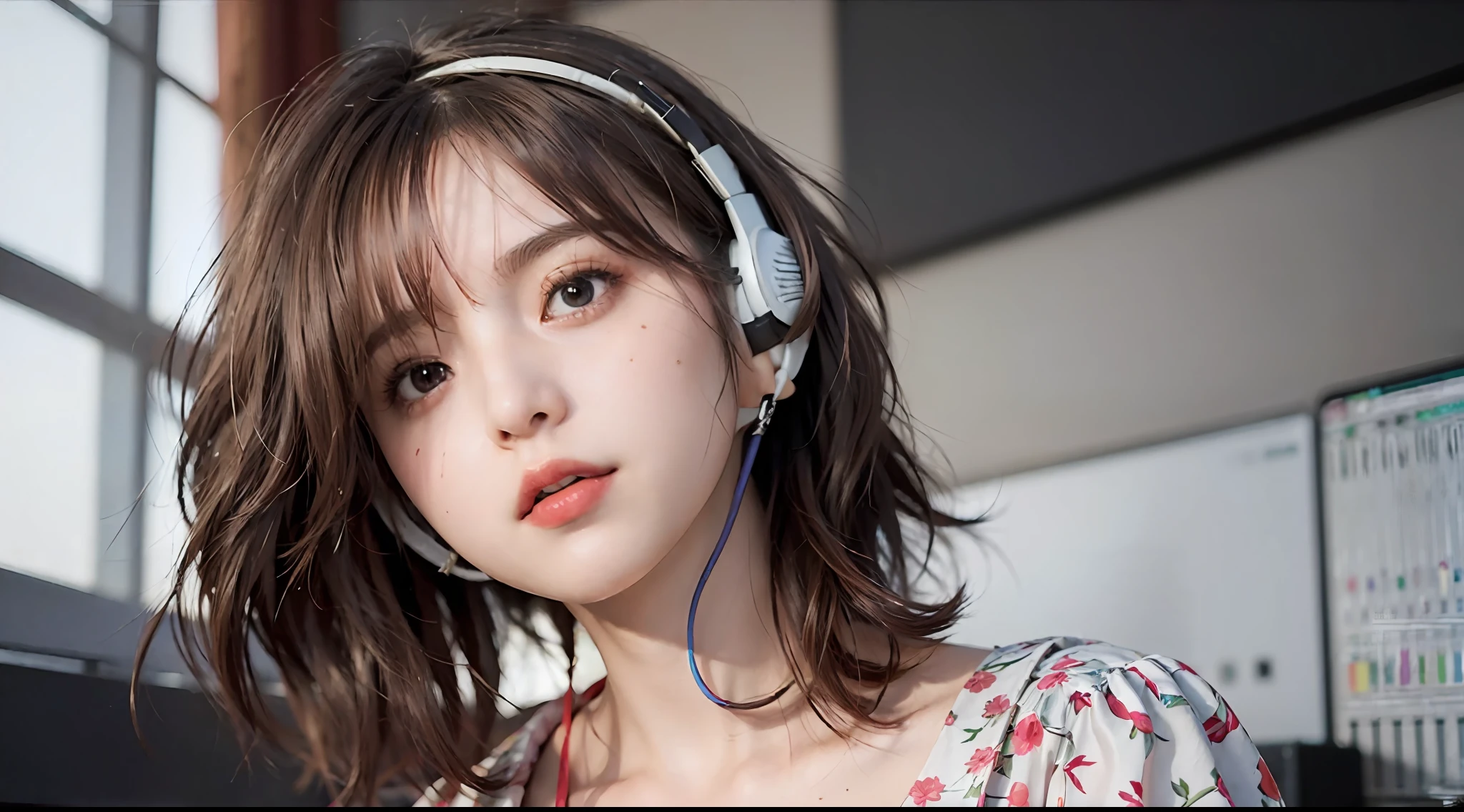 Best Quality, masutepiece, (Photorealistic:2), Ultra High Resolution, Highly detailed, A hyper-realistic, 1girl in, ((Red headphones)), (Longer dress), Floral pattern, colourfull_hair、(((very_Short_hair))), Short hair, Slim body, Full Shot, Looking at Viewer, ((Music Studio)), Bright atmosphere, spot light, Detailed background