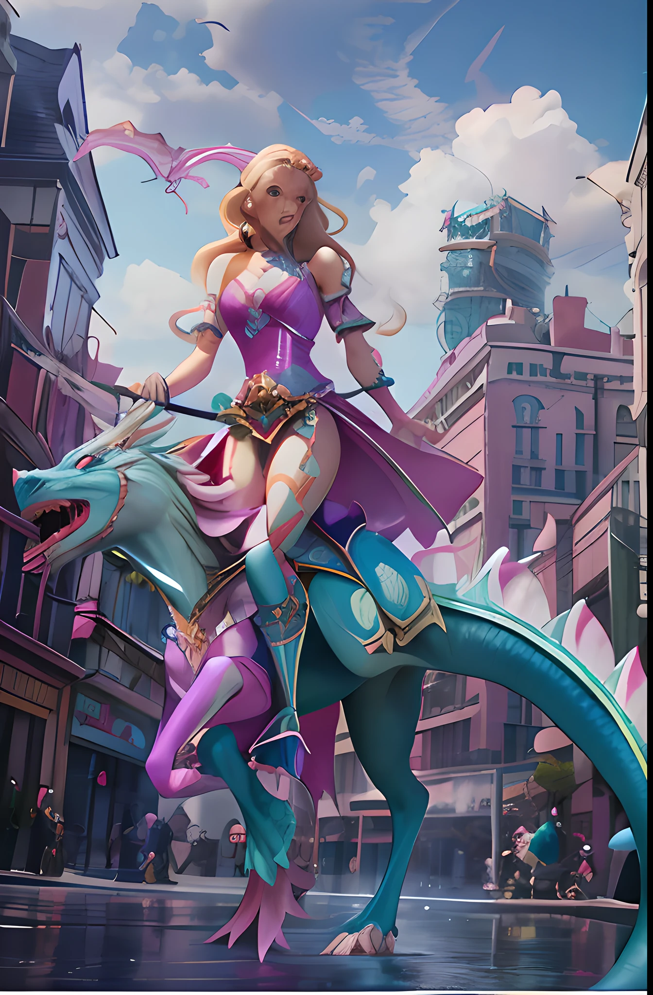 Blonde Barbie woman in pink dress riding a blue dragon in the city, Epic fantasy digital art style, Ross Tran 8 K, hyperrealistic fantasy art, 4K fantasy art, artgerm julie bell beeple, 2. 5 D CGI anime fantasy artwork, epic fantasy digital art, Epic fantasy art style HD, Epic fantasy art style, wojtek fus