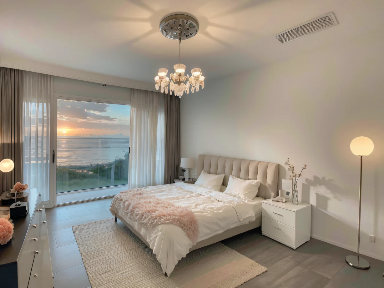 ，masterpiece, best quality，8k, ultra highres，Reallightandshadow，Open the door，Ushered in a romantic and dreamy marine world。The wall at the head of the bed seems to have been painted by nature itself，Gorgeous coral reefs、Spirited dolphins，It makes you feel like you are in a fantasy world under the sea。The bedding is made of extremely soft Tencel cotton，Lying down every night is like entering the clouds。The elegant chandelier exudes a faint glow，The voice-activated curtain quietly opened，Wake up to stunning sunrise views。
