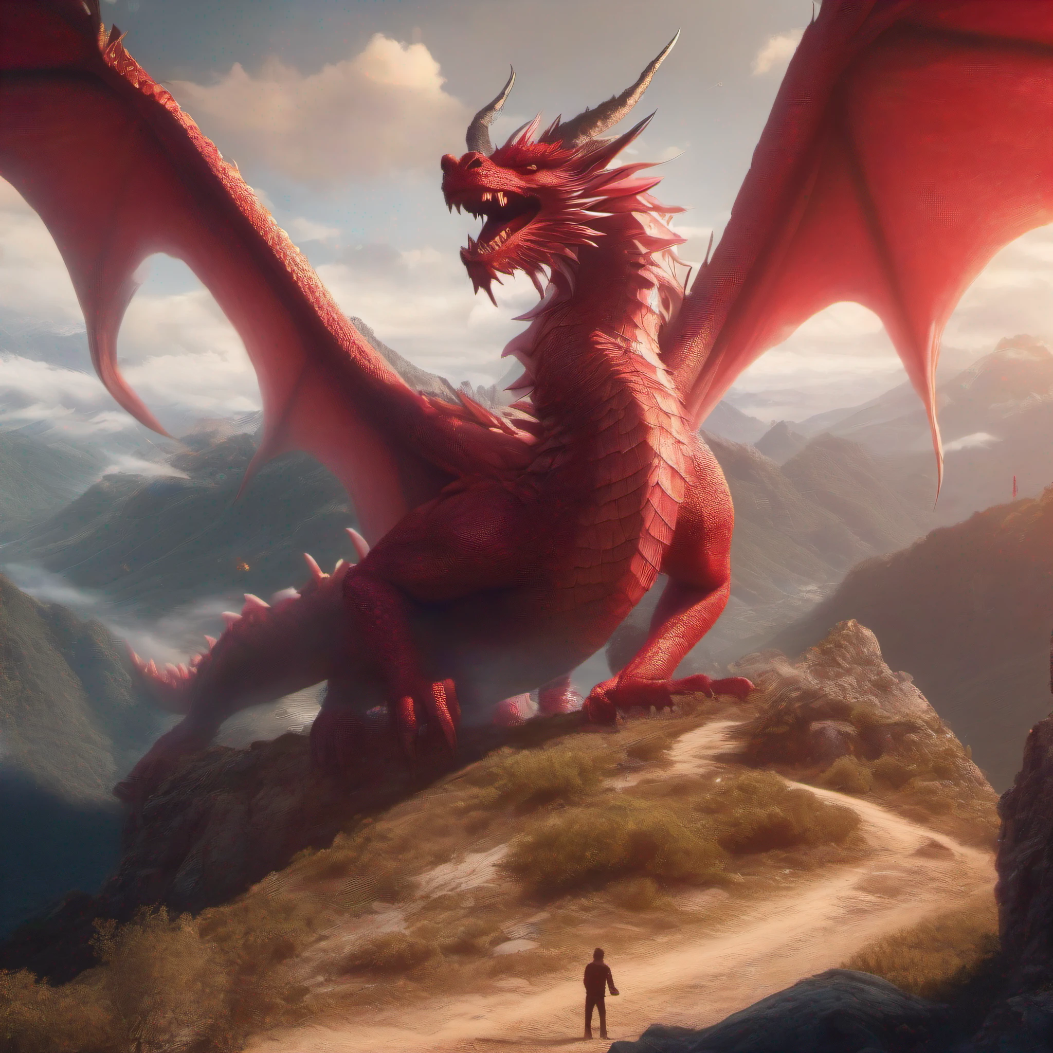 A  huge dragon, Chinese dragon concept art, red dragon, smooth, majestic, an ancient creature, highway mountain, seedless watermelon, Surrealism, Conceptual art, god rays, UHD, UHD