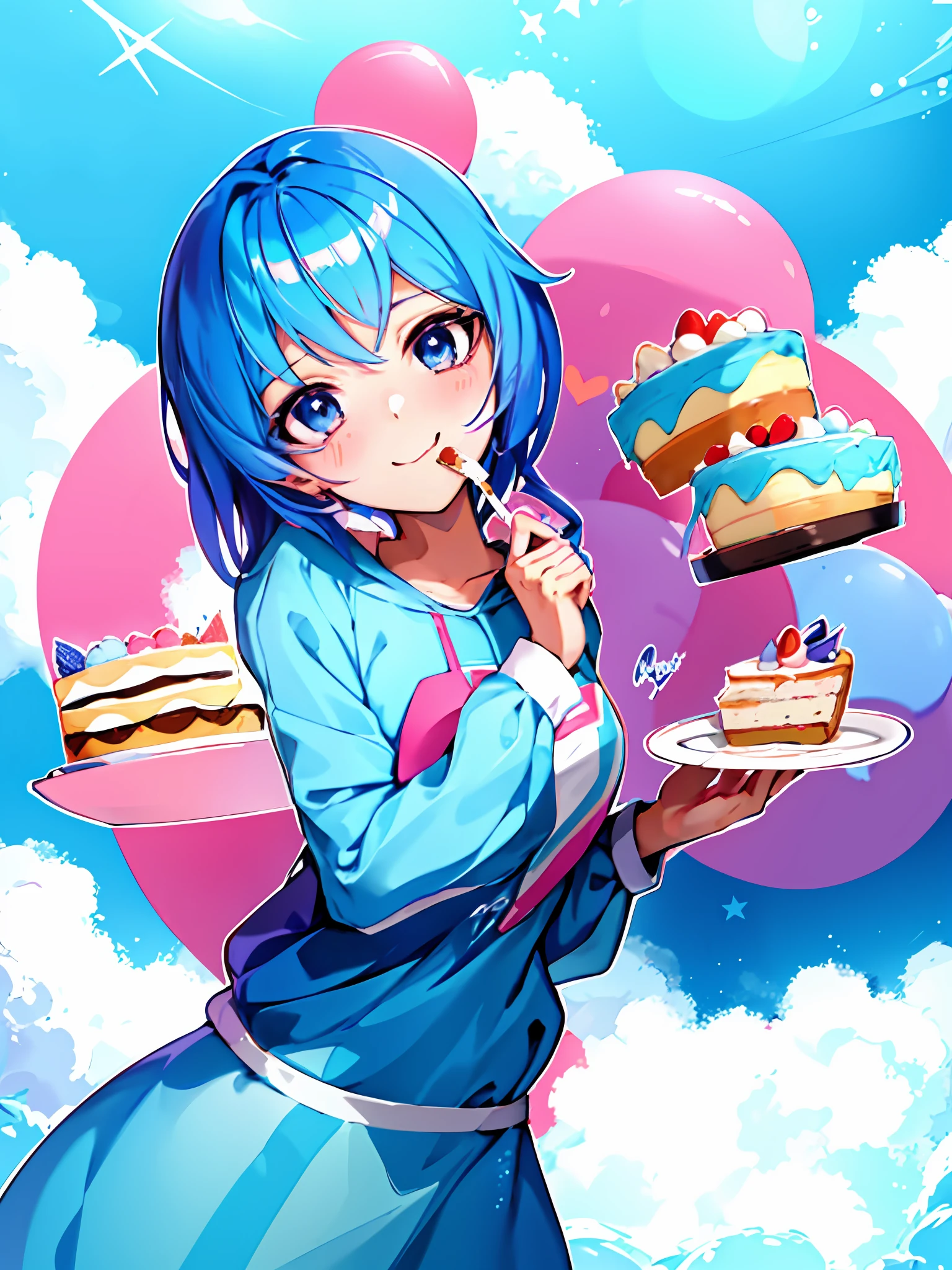 anime girl with blue hair holding a plate with a cake on it, 2 d anime style, happy birthday, eating cakes, (anime girl), anime moe artstyle, by Kamagurka, in an anime style, happy!!!, cute anime girl, in anime style, holding a birthday cake, sona is a slender, 😃😀😄☺🙃😉😗