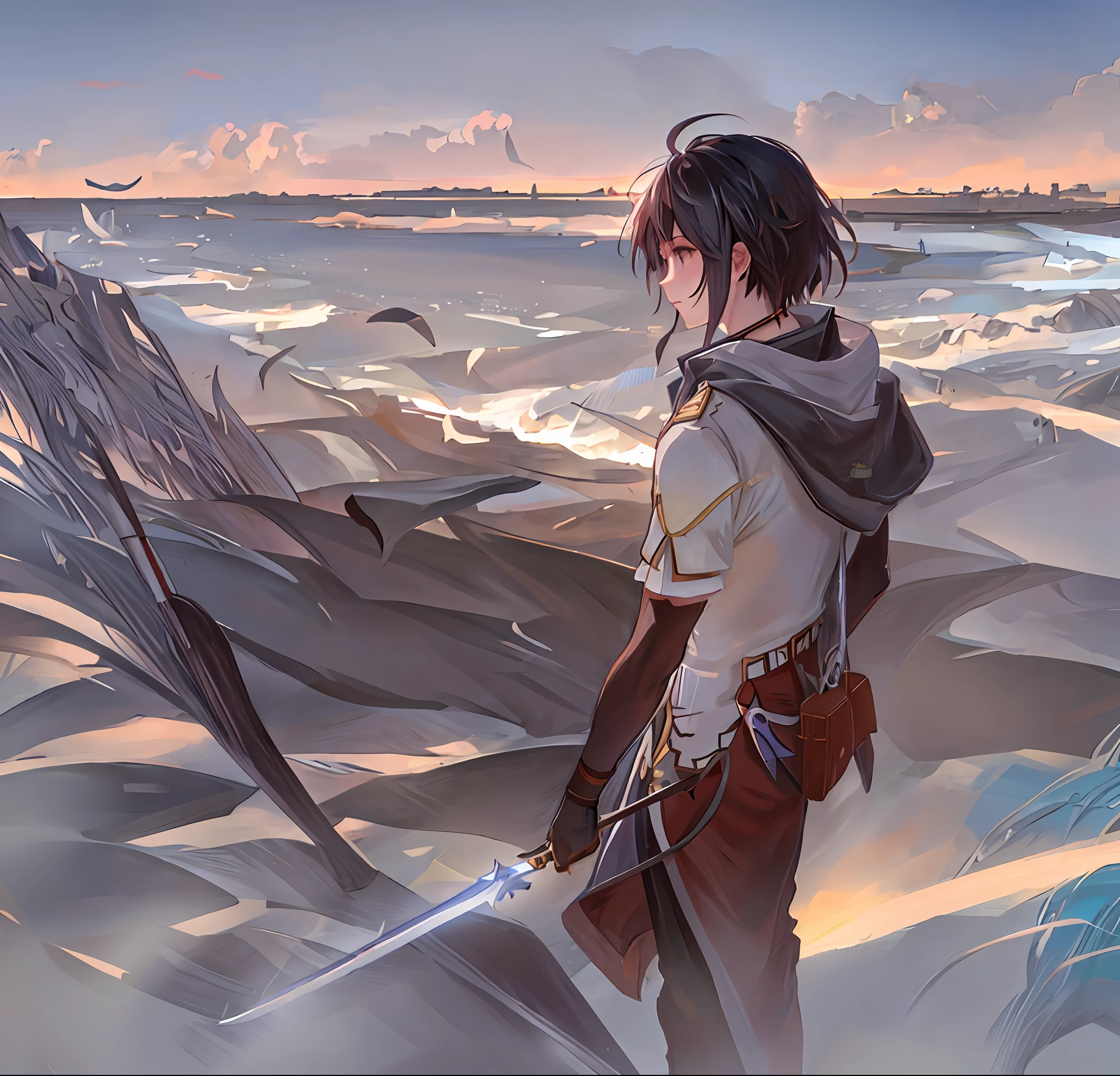 Anime character with a sword, standing on the beach by the ocean, Yang J, by Ross Tran. scenic background, artgerm and atey ghailan, krenz cushart and artem demura, Sylvain Sarrail, Anime Art Wallpapers 4K, Anime Art Wallpapers 4K, 2. 5 d cgi anime fantasy artwork