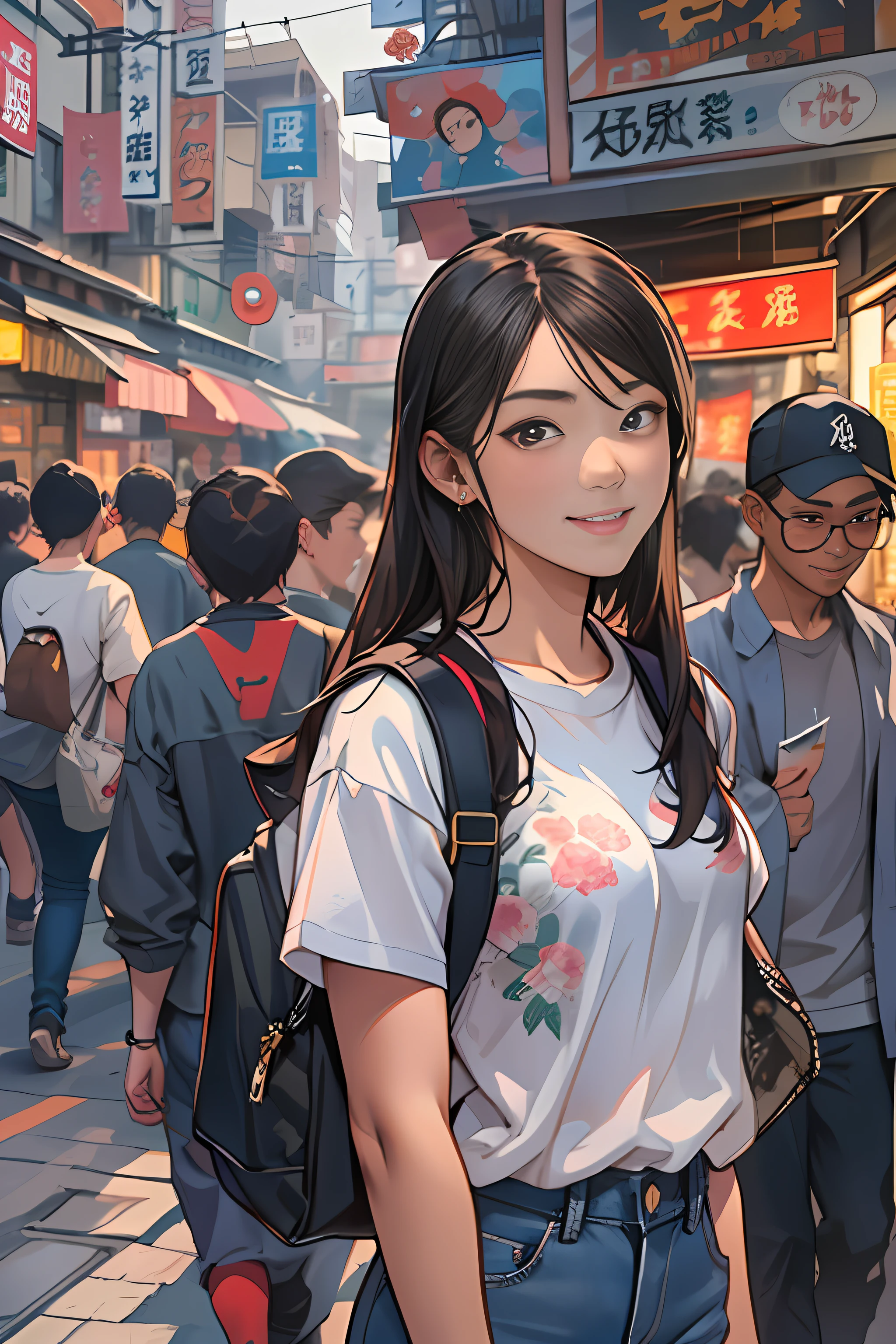 A young woman named Yang Feiyue standing on a busy street, Contemporary Rough T-Shirt and Jeans、Holding a flyer in your hand, Surrounded by stalls, There was anticipation and a slight smile on her face.,  ,In the style of the star art group Xing, 32K, Best Quality, masutepiece, Super Detail, high details