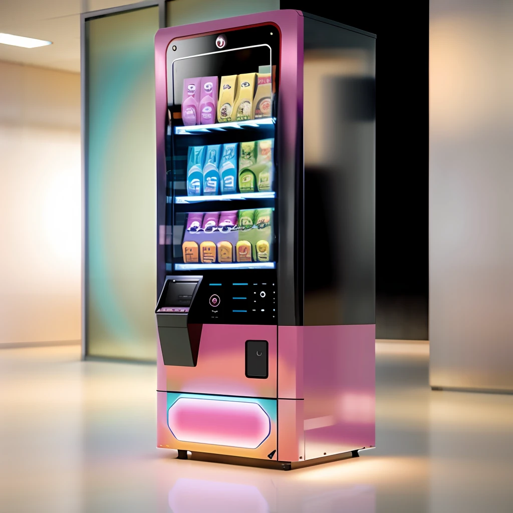 Vending machines for adult products， The big black screen in the middle is the monitor，In line with the tone of sexy and adult products，The color is mainly pink，The scene in the mall should be bright