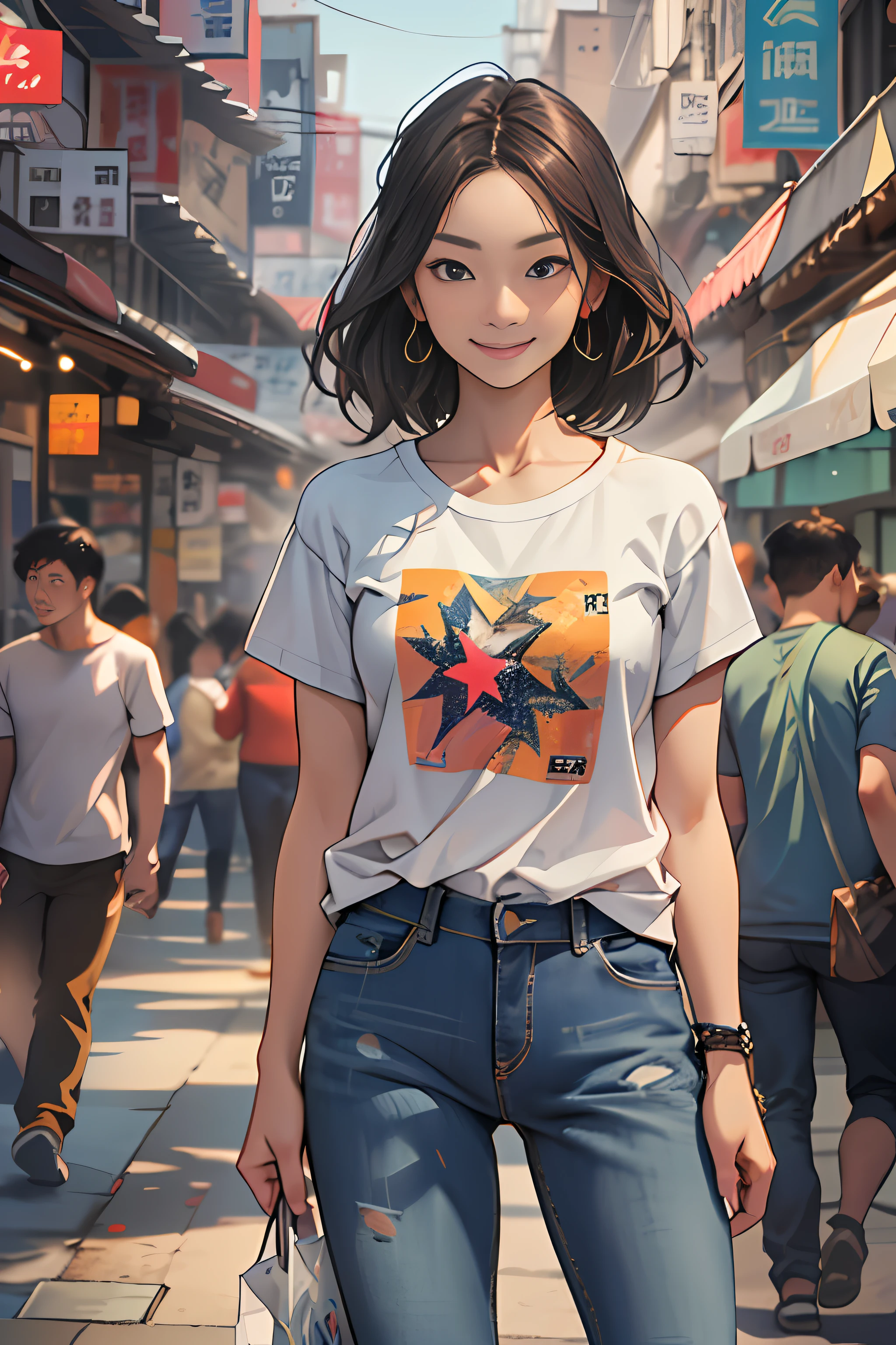 A young woman named Yang Feiyue standing on a busy street, Contemporary Rough T-Shirt and Jeans、Holding a flyer in your hand, Surrounded by stalls, There was anticipation and a slight smile on her face., ,In the style of the star art group Xing, 32K, Best Quality, masutepiece, Super Detail, high details