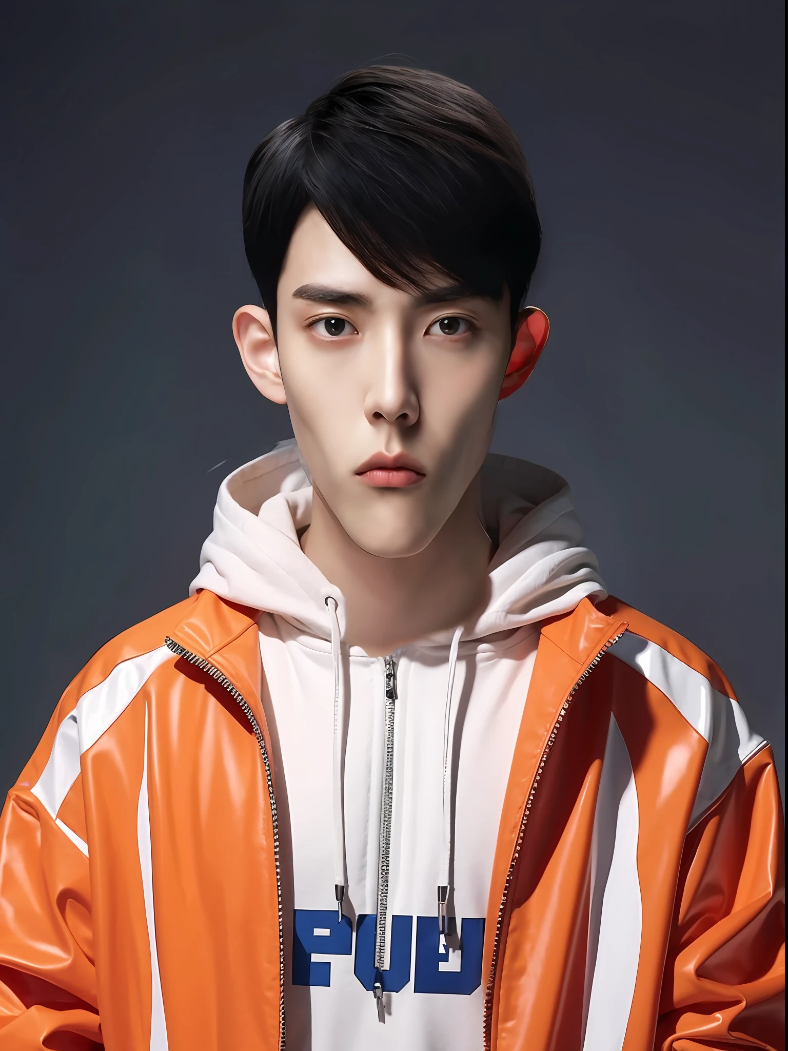 A Chinese male high school student,Wear a casual sweatshirt in PVC color,There are zippers,hair red