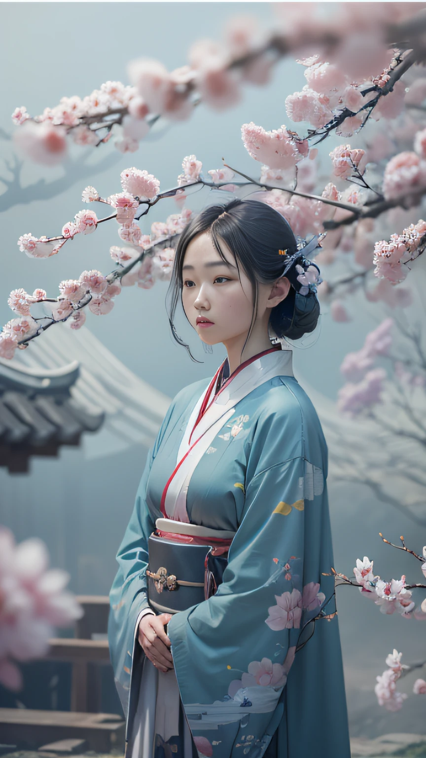 in clouds of smoke,The ancient city of Hangzhou is desolate,Peach blossoms fluttering,A drizzle,The woman waiting under the peach blossom tree can no longer be seen(Faraway view)。Drawn by Zao Wou-Ki - Niji5,Depth of field 1.5,The whole picture is in a sad blue-gray tone,Cinematic film texture,Natural soft light。