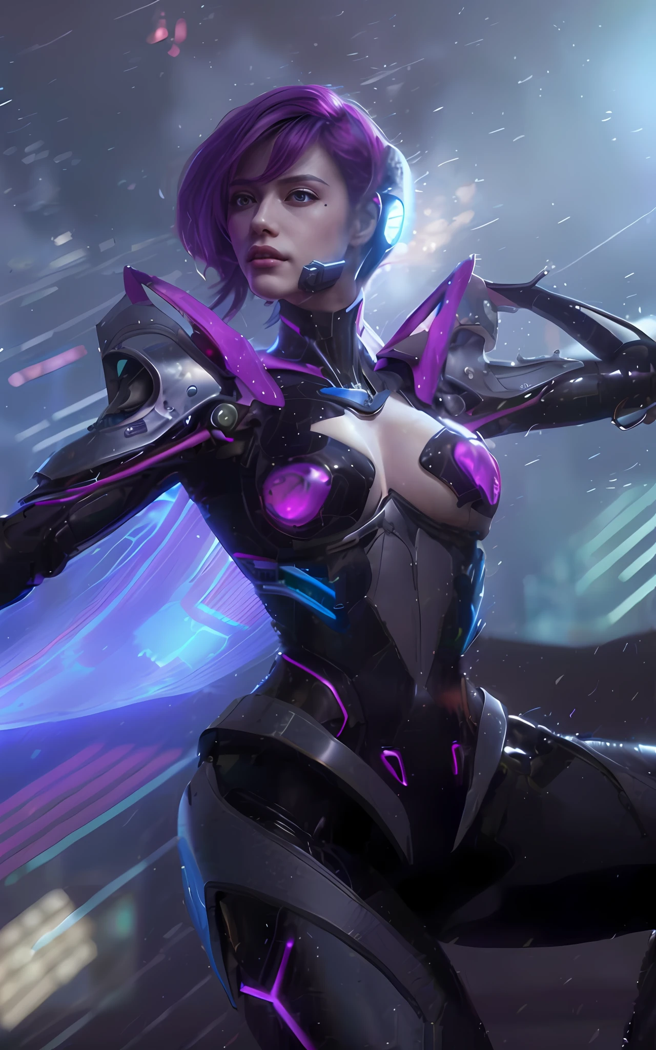 ((Best Quality, 4K, Masterpiece: 1.3)), (Detailed: 1.4), Reality, 1girl, a woman in a futuristic suit holding a sword in the rain, fiora from league of legends, extremely detailed artgerm, style artgerm, irelia, league of legends character, artgerm jsc, style of artgerm, Cyberpunk girl, Cyberpunk woman, Big Breast, Huge Breast, A woman with violet hair and body semi robotic, body Mecha, Cyberpunk, 4K, HD, Ultra Realistic, extremely detailed, tfft, Cybernetic_Jawless, mechanical parts, cybernetic