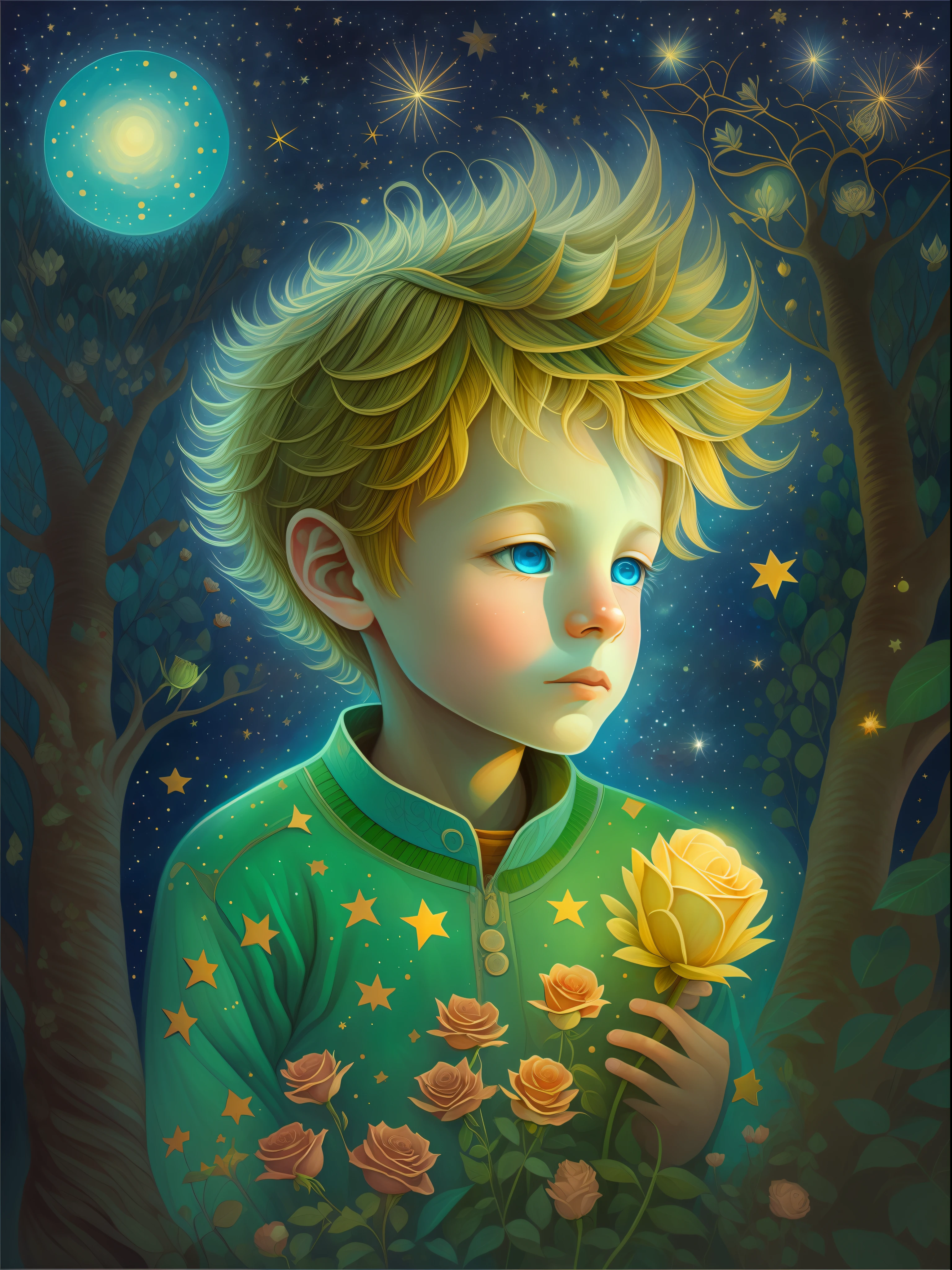 half portrait, Best Quality, Masterpiece, extra high resolution, (foto realista: 2.5), surrealism, dream-like, ((The image of the Little Prince)), hair light, light blue eyes, Starry sky, Next to him sits 1lis, night time, Stars, galaxy, There is also a rose and a planet, Sprouted baobabs , ((The Little Prince)), Fairytale painting, A bright light masterpiece, The Little Prince, breathtaking art, illustartion!, by Anna Haifisch, by Julia Pishtar, The landing of Antoine Exupéry, fantastic art, A fairytale work of art, inspiring art, Fantastic works of art