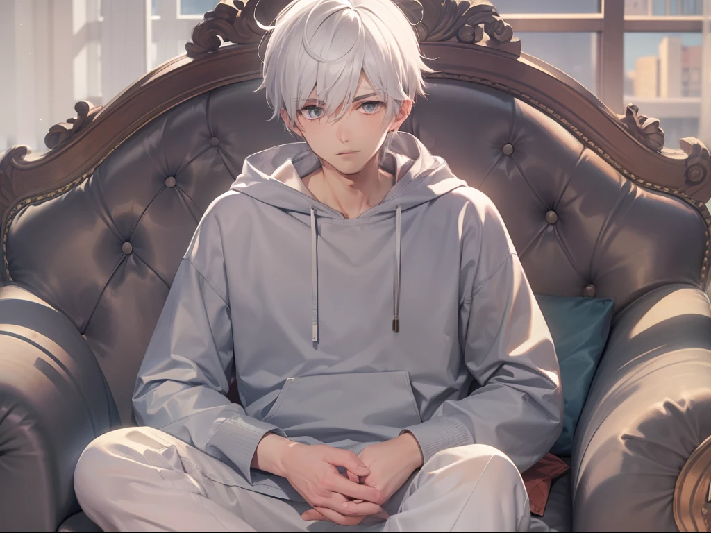 Best quality, tmasterpiece, A 28-year-old boy, Tall, wearing casual cloths, gray-white hair, The expression is helpless, sitting in the couch