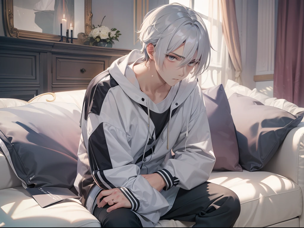 Best quality, tmasterpiece, A 28-year-old boy, Tall, wearing casual cloths, gray-white hair, The expression is helpless, sitting in the couch