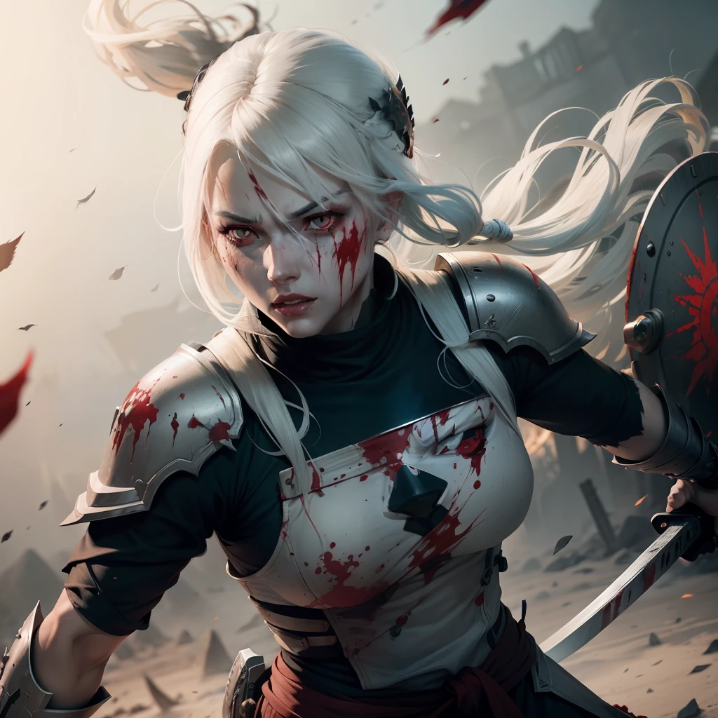 White-haired woman, terrifying appearance, with a katana and a shield, red eyes, on a battlefield covered in blood, wearing Spartan clothes, with a scar on her left eye,