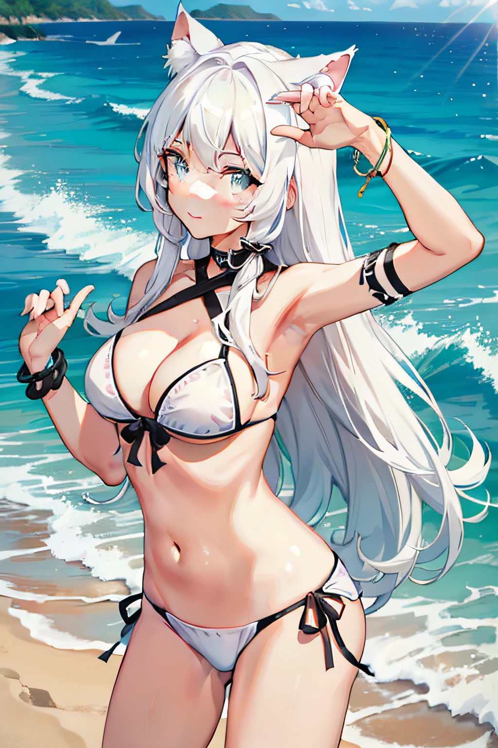 White Hair, Cat Ears, Bikini, Girly, Beach, Beach Volleyball