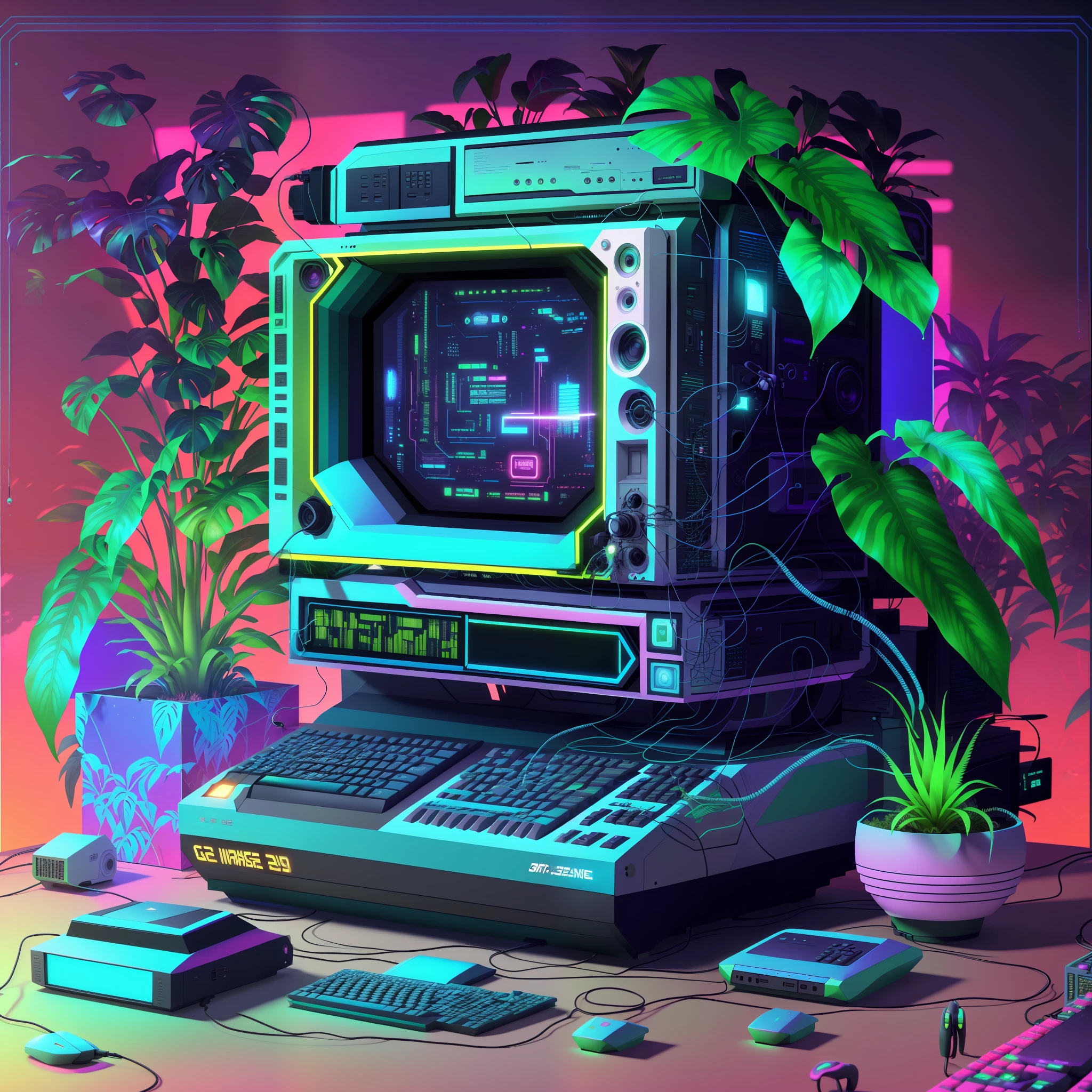 Close-up of computer with plants and keyboard, vaporwave jungle, style hybrid mix of beeple, beeple style, beeple daily art, cyberpunk vaporwave, maximalist maximalism vaporwave, beeple!!, in the style of beeple, Computer aesthetics, beeple masterpiece, beeple artwork