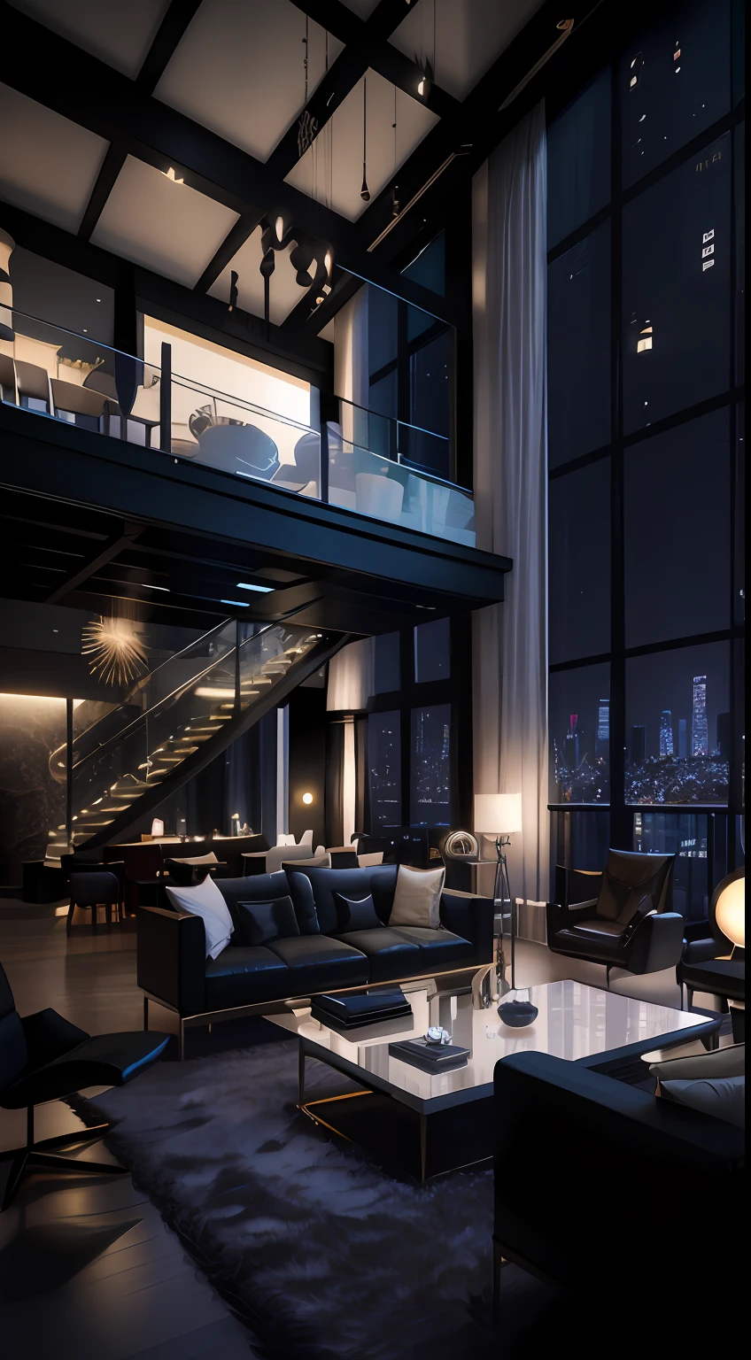 Alfide can be seen from the living room with stairs and balcony, luxury condo interior, luxurious environment, fancy apartment, penthouse, luxury hd render, dark and modern, luxurious indoor setting, neo - noir setting, Tall windows are lit, picture of an interior loft, LuxuryLifestyle, interior of a loft, city apartment, dramatic lighting render, apartment with black walls