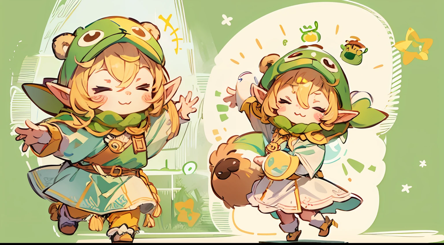 Cute elf characters drawn in realistic hand-drawn style、I work at a concept café、Today I generated a bright illustration of dancing in a bear costume。