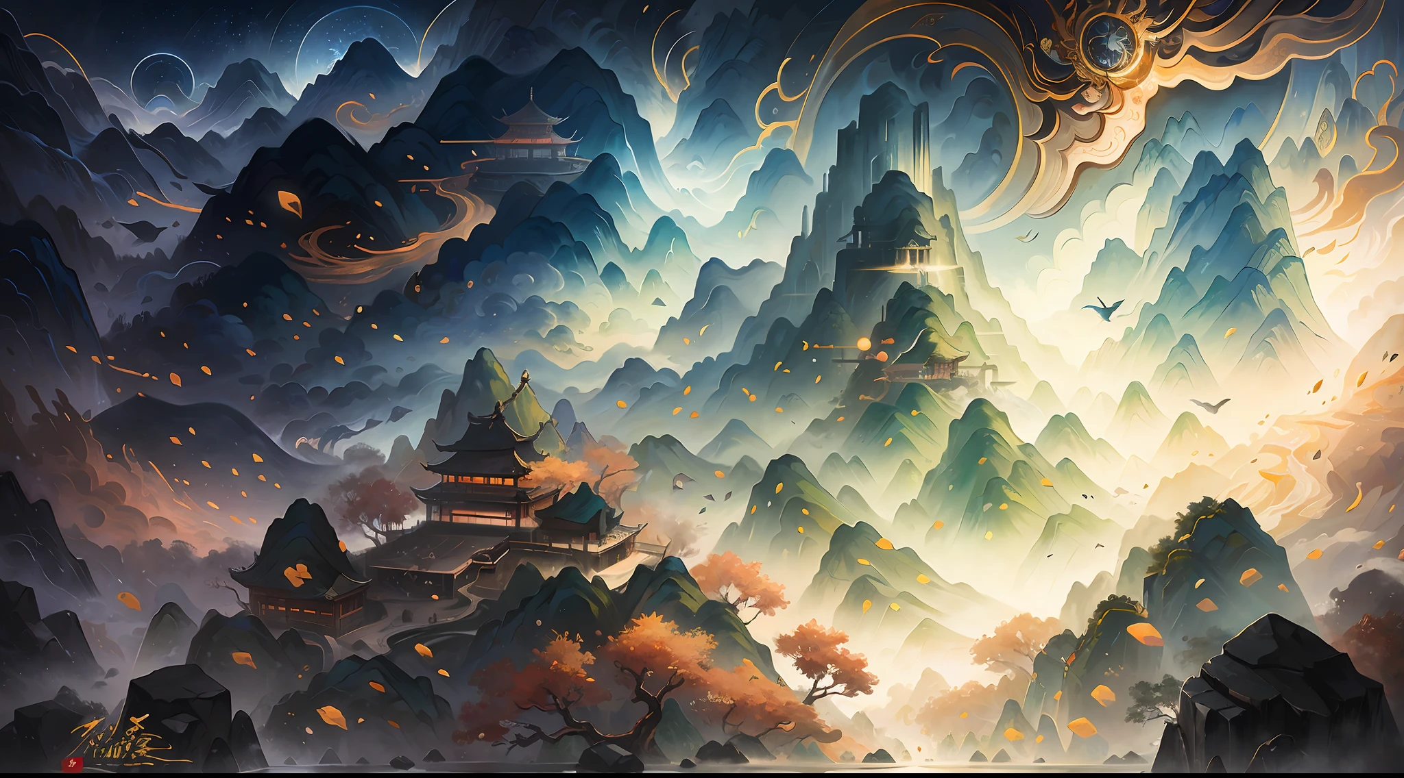 Ancient Chinese landscapes，mountain ranges，Mountain god，rios，Auspicious clouds，rays of sunshine，tmasterpiece，super detailing，Epic composition，hyper HD，high qulity，extremely detaile，offcial art，Unity8k wallpapers，super detailing，32k -- v 6