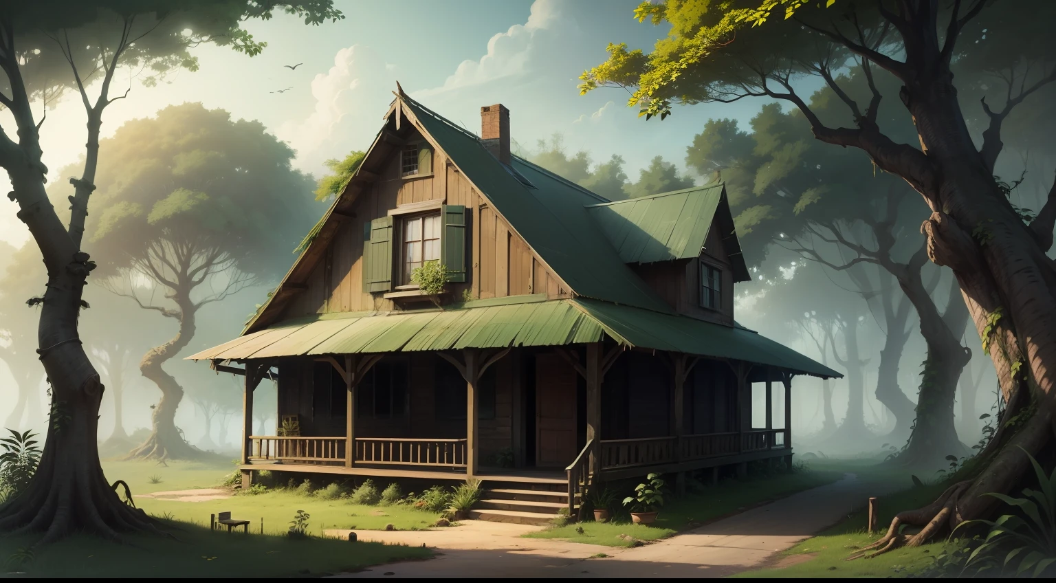 An old house, in a jungle, full of trees.