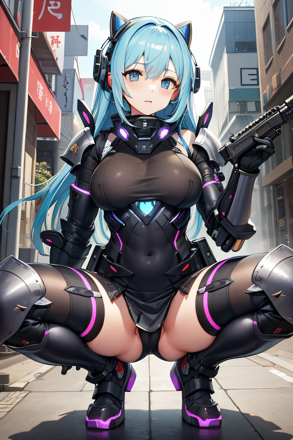 cyberpunked。girl with。The world of the near future。Heavily armed。s Armor。TOKYOcty。outside of house。huge tit。a miniskirt。Squatting and spreading crotch。frontage。