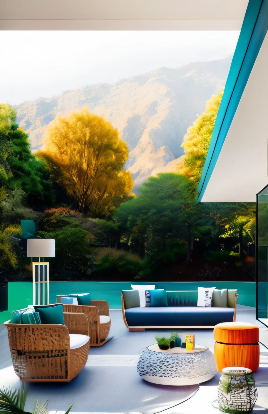 Dopamine color matching,There is a photo of the living room with large windows, outdoor design, superimposition,Don't show people