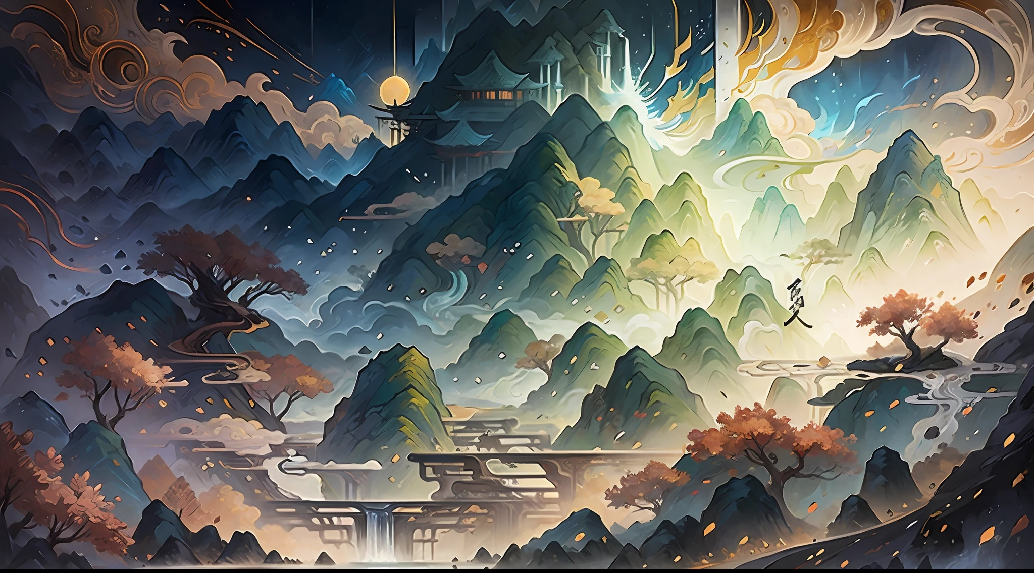 Ancient Chinese landscapes,mountain ranges,Mountain god,rios,Auspicious clouds,rays of sunshine,tmasterpiece,super detailing,Epic composition,hyper HD,high qulity,extremely detaile,offcial art,Unity8k wallpapers,super detailing,32k -- v 6