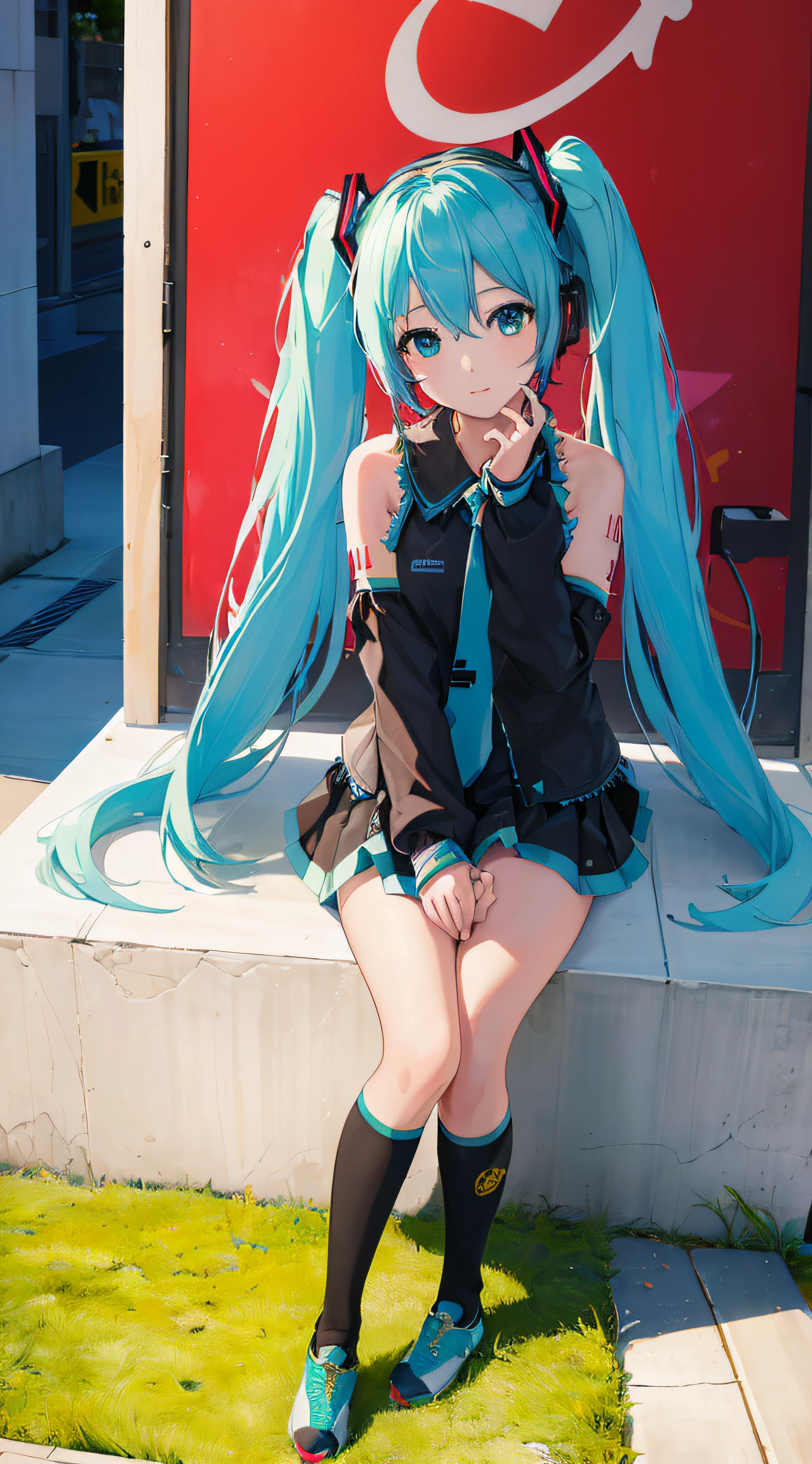 (top-quality:1.4), Hi-Res, masterpiece, ultra-detailliert, realisitic, 1girl in, (miku hatsune:1.1), middlebreast, station, appointment, 详细的脸, 3D顔, (portlate:1.0)