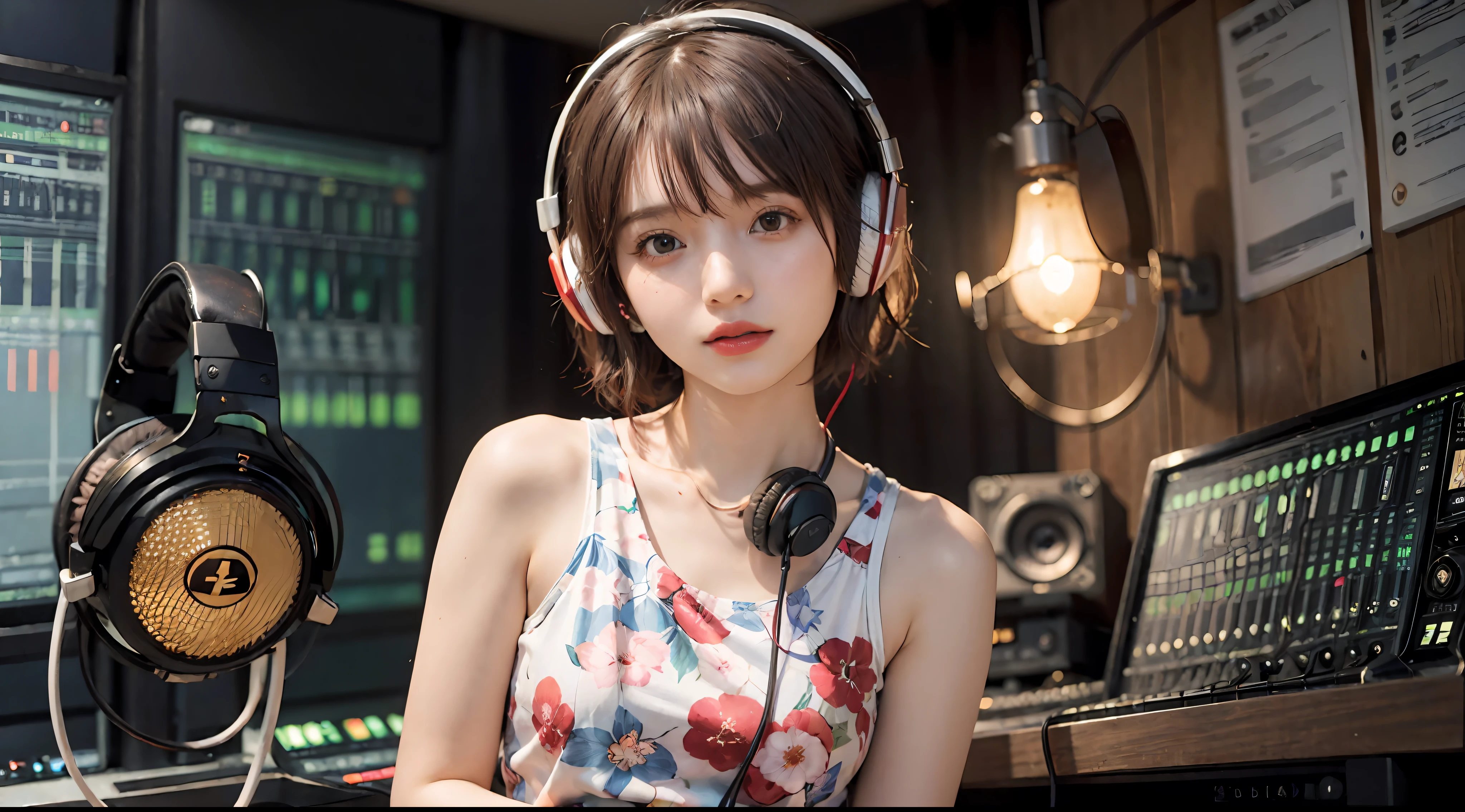 Best Quality, masutepiece, (Photorealistic:2), Ultra High Resolution, Highly detailed, A hyper-realistic, 1girl in, ((Red headphones)), (Longer dress), Floral pattern, colourfull_hair、(((very_Short_hair))), Short hair, Slim body, Full Shot, Looking at Viewer, ((Music Studio)),  Bright atmosphere, spot light, Detailed background