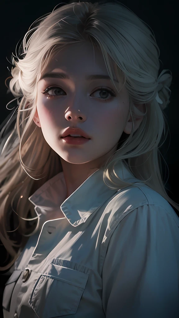 (front focus), (in the dark:1.6), Hyperrealist portrait of female by david hockney and alphonse mucha, fantasy art, photo realistic, dynamic lighting, artstation, poster, volumetric lighting, very detailed faces, 4 k, award winning, 1girl, in the dark, deep shadow, low key, cowboy shot, (official clothing:1.4), long hair, white hair