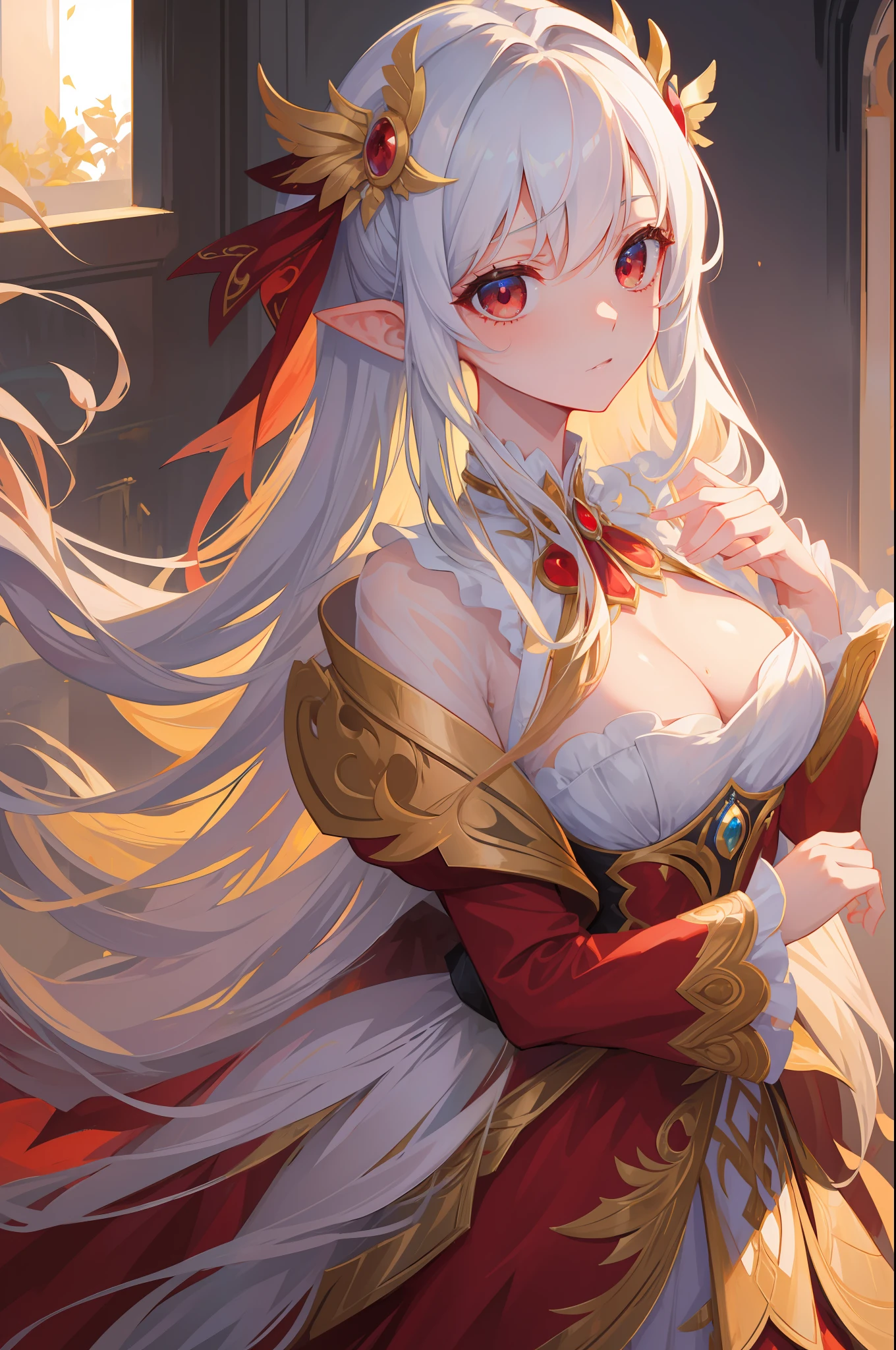 NSFW,tmasterpiece,Need,super-fine,Semi-realistic,Meticulous facial features,teens girl,whaite hair,long whitr hair,red - eyed,Wearing exquisite fairy costumes