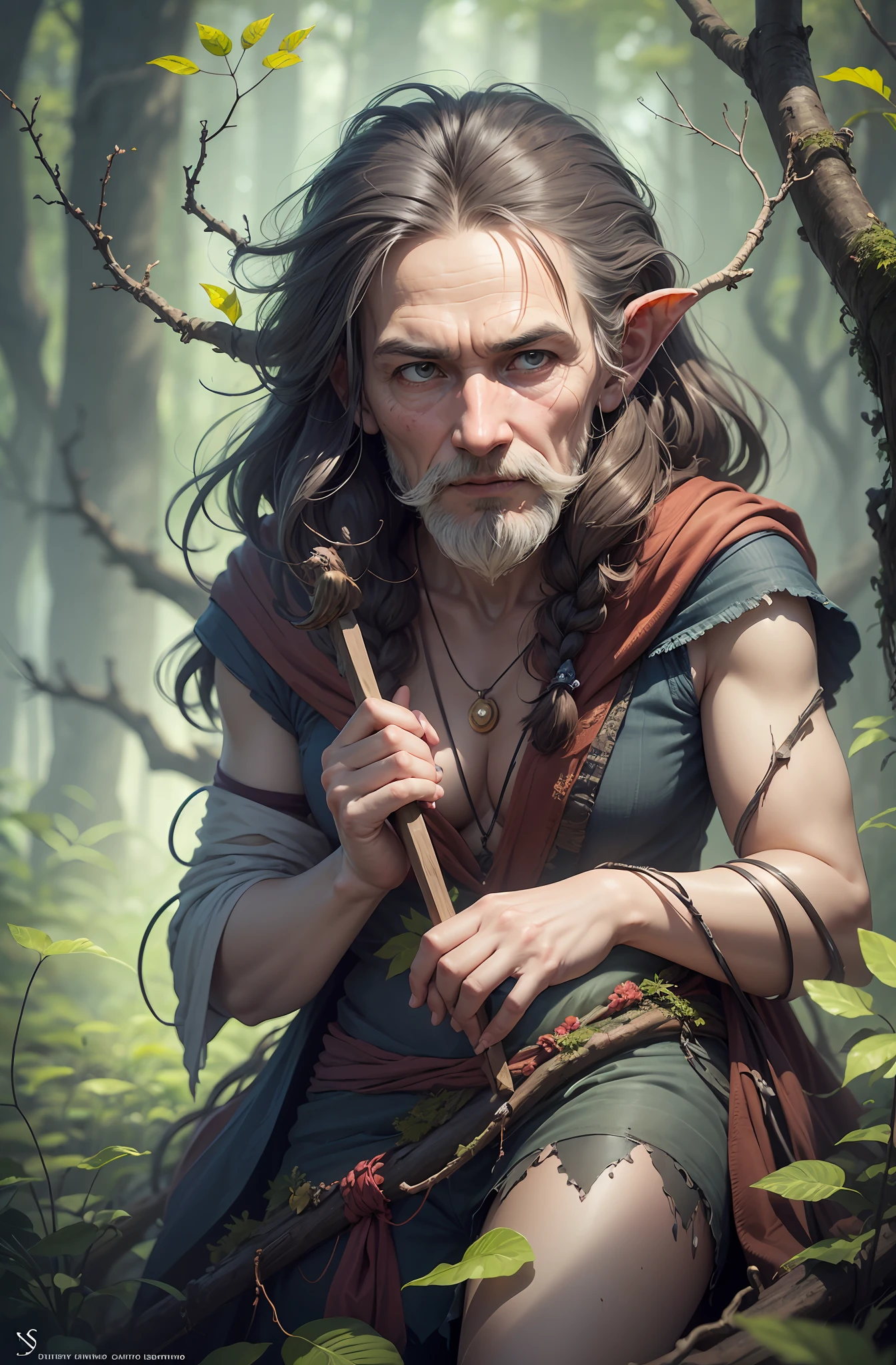 dynamic scene. fantastic fairy tale. Funny and funny Leshy-man are the owners of the forest swamp. Baba Yaga. The arms and legs are thin wooden branches. birds nest on the head. leaves grow in hair. Old torn clothes. Close-up, full length. Disney cartoon style. super photorealistic, cinematic, lots of detail, on a black blurred background --auto --s2