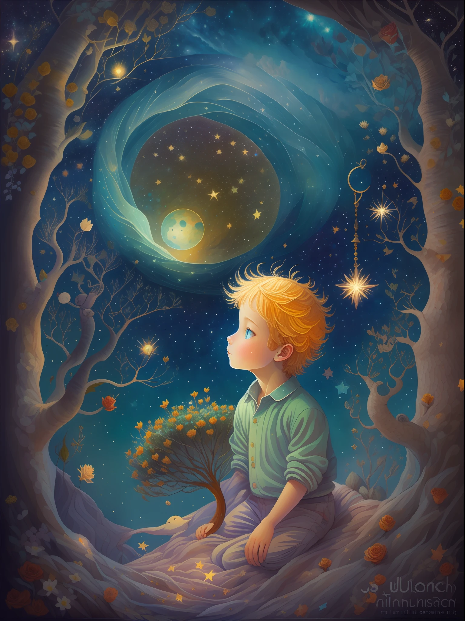 half portrait, Best Quality, Masterpiece, extra high resolution, (foto realista: 2.5), surrealism, dream-like, ((The image of the Little Prince)),  hair light, light blue eyes, Starry sky, Next to him sits 1lis, night time, Stars, galaxy, There is also a rose and a planet, Sprouted baobabs , ((The Little Prince)),  Fairytale painting, A bright light masterpiece, The Little Prince, breathtaking art, illustartion!, by Anna Haifisch, by Julia Pishtar, The landing of Antoine Exupéry, fantastic art, A fairytale work of art, inspiring art, Fantastic works of art