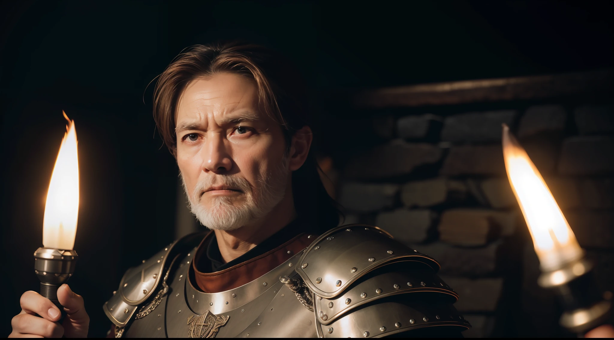 (highest quality: 1.3), cinematic lenses, masterpieces, (sharpness in focus: 1.5), (realism: 1.3), medium portrait (a Viking veteran who looks tired but still proud and ferocious, now the leader of his village, wears delicate chain mail and leather armor, several torches are lit on the wall, giving the scene a dark atmosphere, but shaping the body in chiaroscuro), it is night, (highly fine skin), (fine face), detailed background, dark lighting, twilight lighting, volumetric lighting, intricate details, UHD,