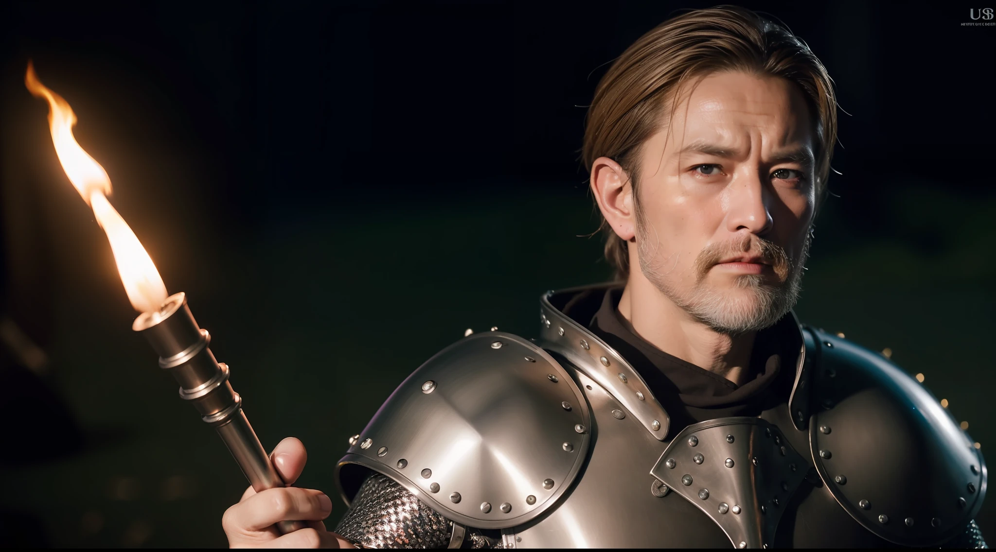 (highest quality: 1.3), cinematic lenses, masterpieces, (sharpness in focus: 1.5), (realism: 1.3), medium portrait (a Viking veteran who looks tired but still proud and ferocious, now the leader of his village, wears delicate chain mail and leather armor, several torches are lit on the wall, giving the scene a dark atmosphere, but shaping the body in chiaroscuro), it is night, (highly fine skin), (fine face), detailed background, dark lighting, twilight lighting, volumetric lighting, intricate details, UHD,