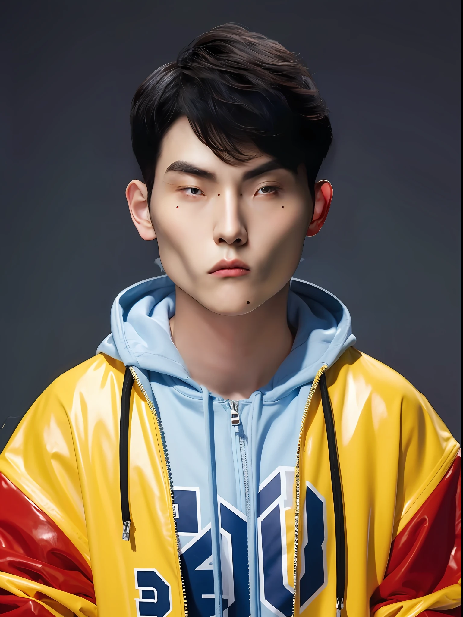 A Chinese male high school student,Wear a casual sweatshirt in PVC color,There are zippers,hair blue