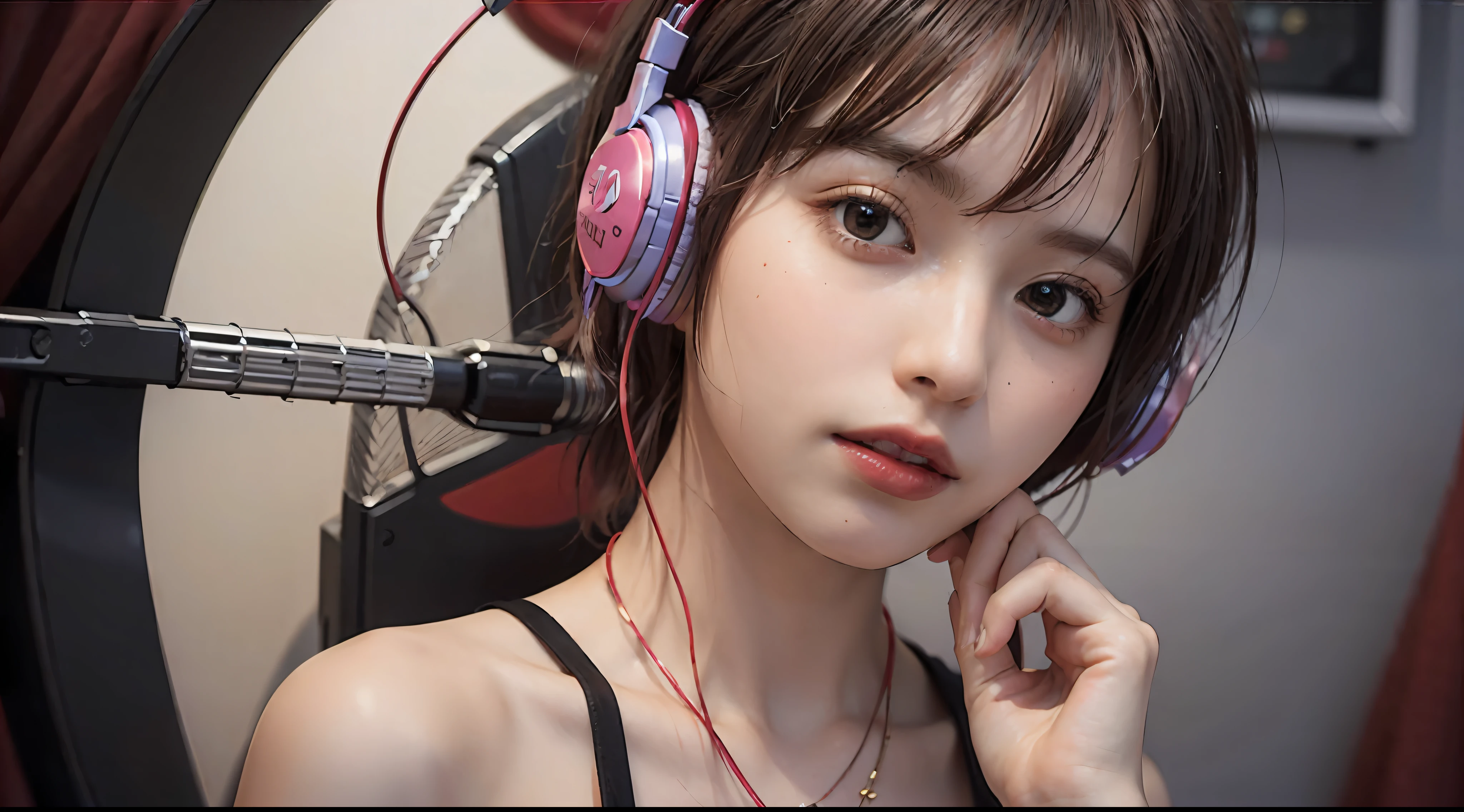 Best Quality, masutepiece, (Photorealistic:2), Ultra High Resolution, Highly detailed, A hyper-realistic, 1girl in, ((Red headphones)), (Longer dress), Floral pattern, colourfull_hair、(((very_Short_hair))), Short hair, Slim body, Full Shot, Looking at Viewer, ((Music Studio)), Bright atmosphere, spot light, Detailed background