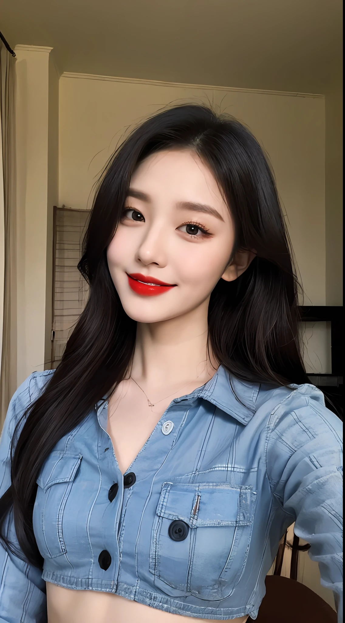 high detal，8K分辨率，超高分辨率，Best image quality，a beauty girl，lipsticks，Love pupils，Peerless beauty，Messy black straight hair，shoulder-length short hair，（Coiled hair）Smooth hair，Intense and beautiful makeup，Exquisite and perfect facial features，the most beautiful big eyes，Be red in the face，Sweet smile，（Wearing a blue lace shirt with buttons，tiese ，Plaid pleated skirt）Open navel，Thin waist，（Full breasts）Get close to the viewer，dynamic angle，Extreme picture quality，Highest accuracy