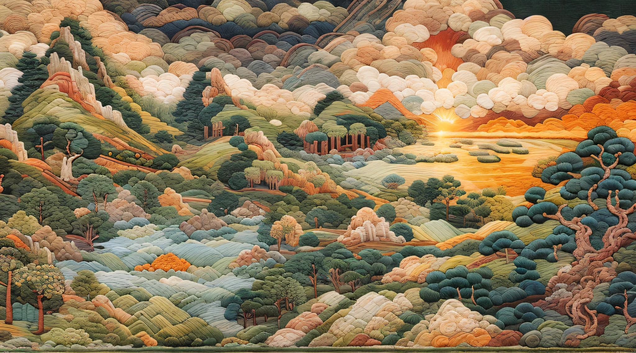 （Cross-stitch landscape，Embroidered landscape），Ancient landscape landscape，suns，Sunset，Remnant clouds，Chinese landscape painting OC rendering sculpture