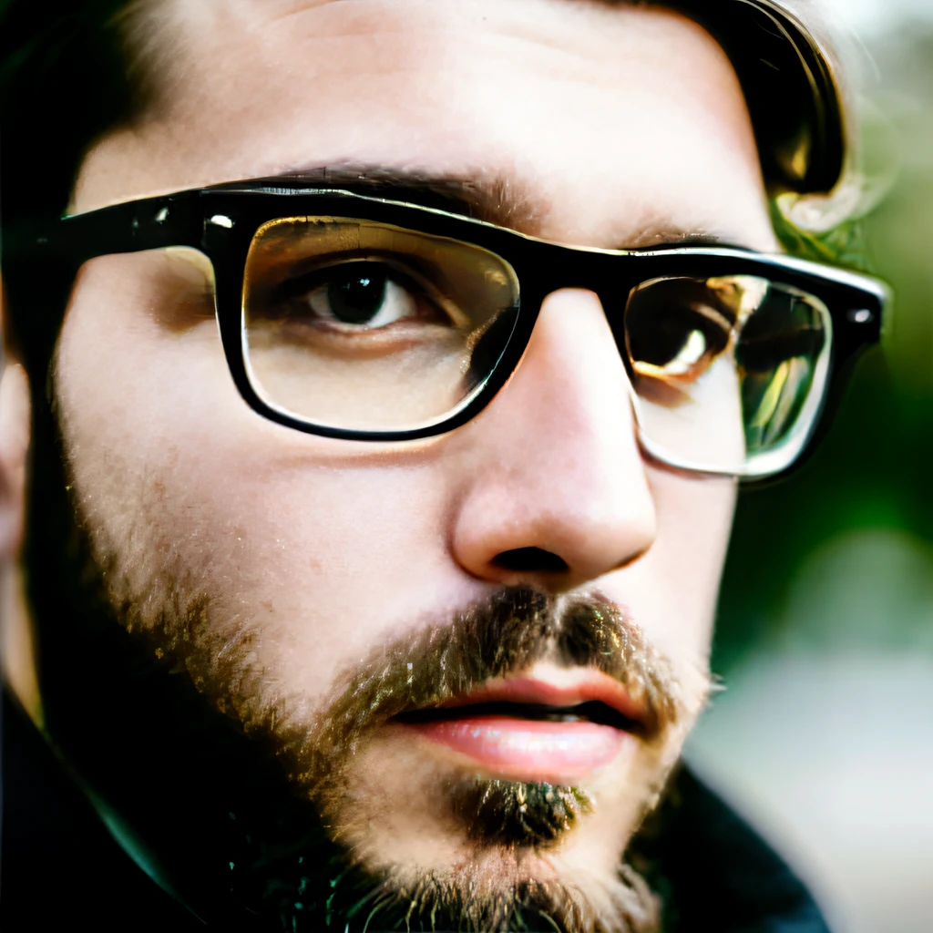 Portrait of a 25-year-old modern European male white，Beard，sideface，There is a little gray hair，Square frame glasses，cinmatic lighting， depth of fields， Bokeh， photorealisti， Forcing Allah righteousness， hyper photorealism， professional photoshooting， hyper HD， digital SLR camera， High-density imaging