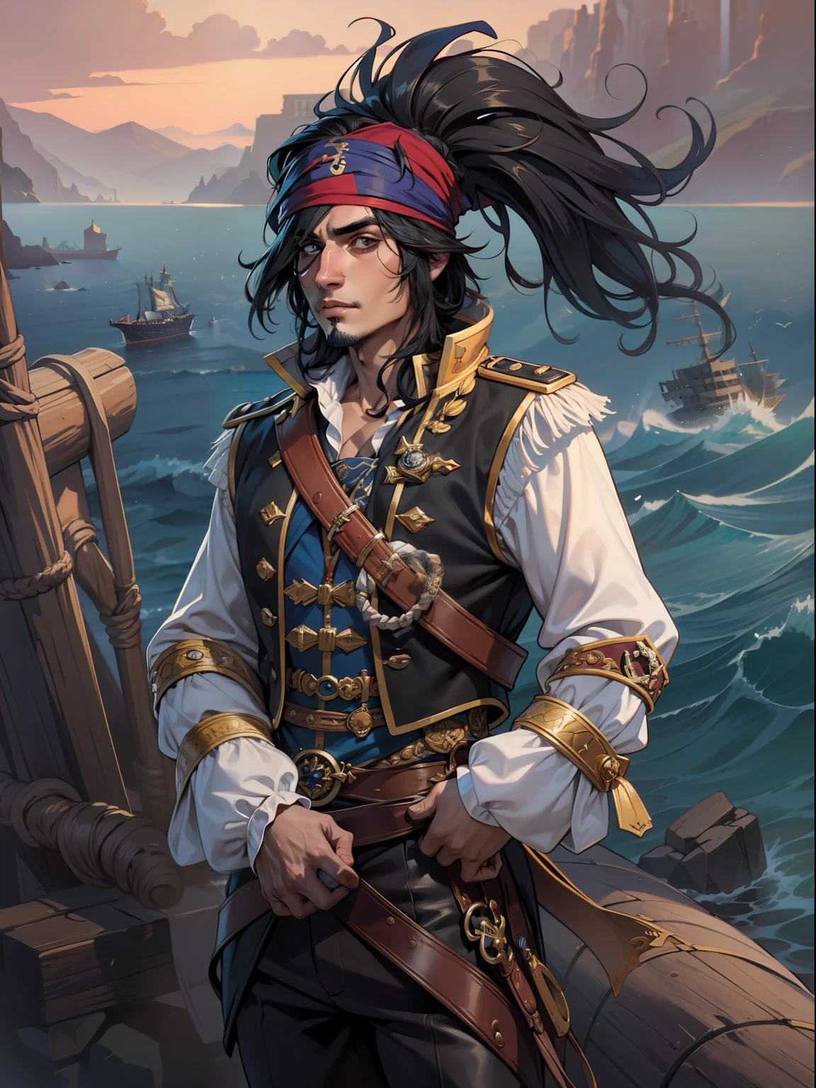 "Create a breathtaking fullbody masterpiece featuring a captivating pirate character with black hair, a patch over his right eye, wearing a doublet and a bandana on his head, set against a stunning seascape backdrop."